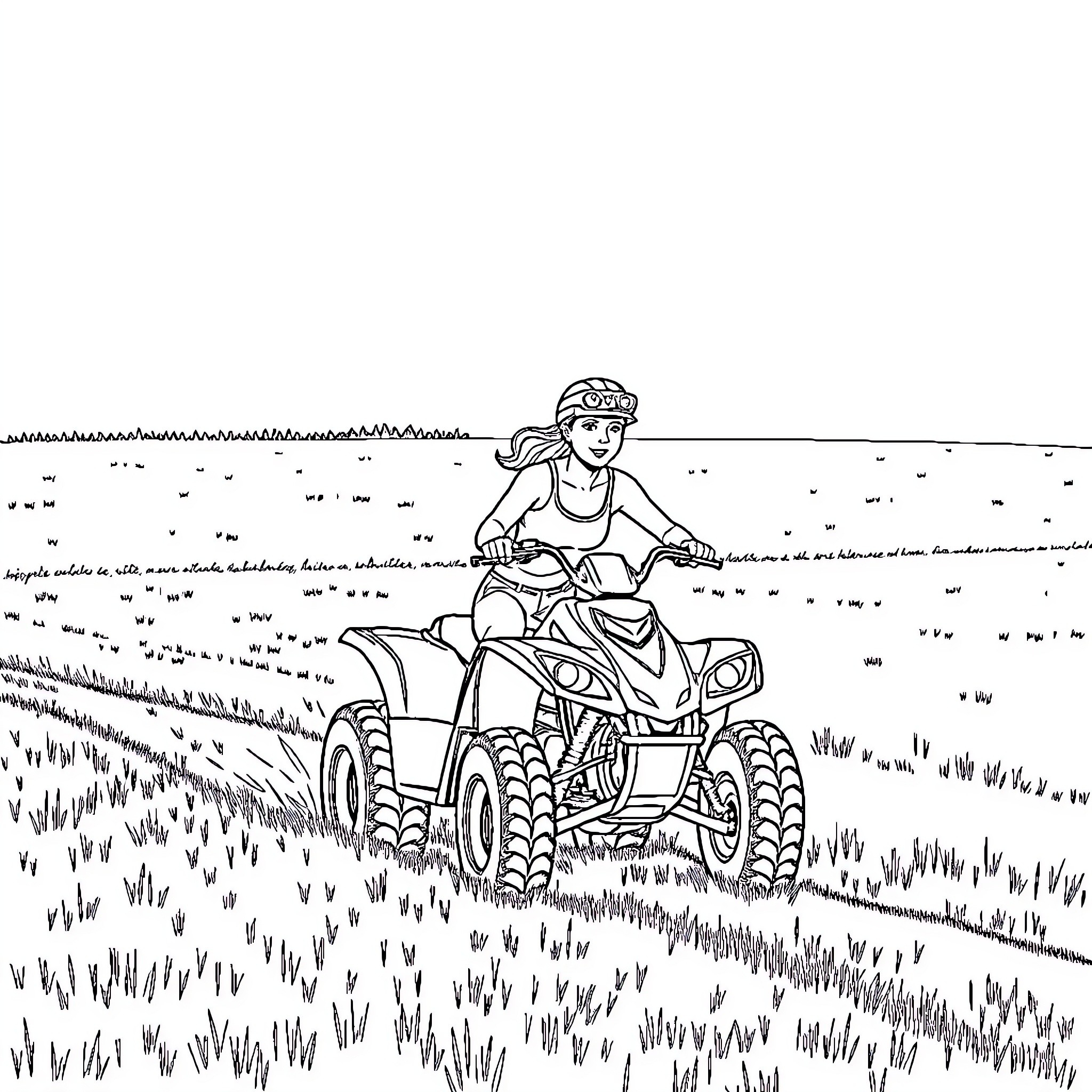 Claire riding an ATV through a grassy field Coloring Page (free black-and-white line drawing printable PDF for all, from beginners to advanced learners, including children, teens, adults, and seniors)