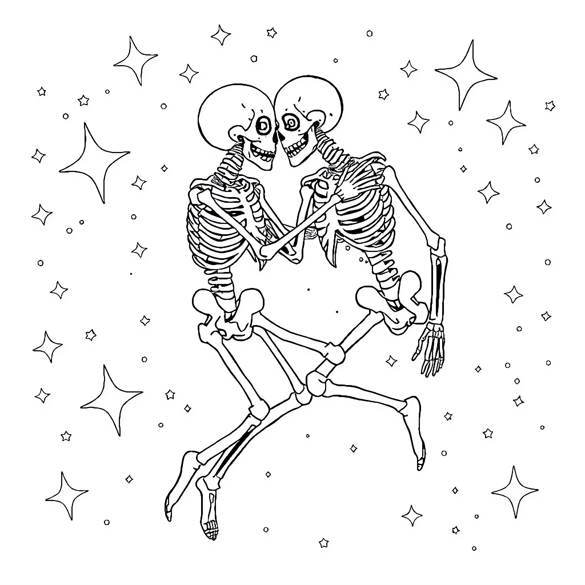 Skeleton Duo Dancing Amidst Cosmic Stars Coloring Page (free black-and-white line drawing printable PDF for all, from beginners to advanced learners, including children, teens, adults, and seniors)