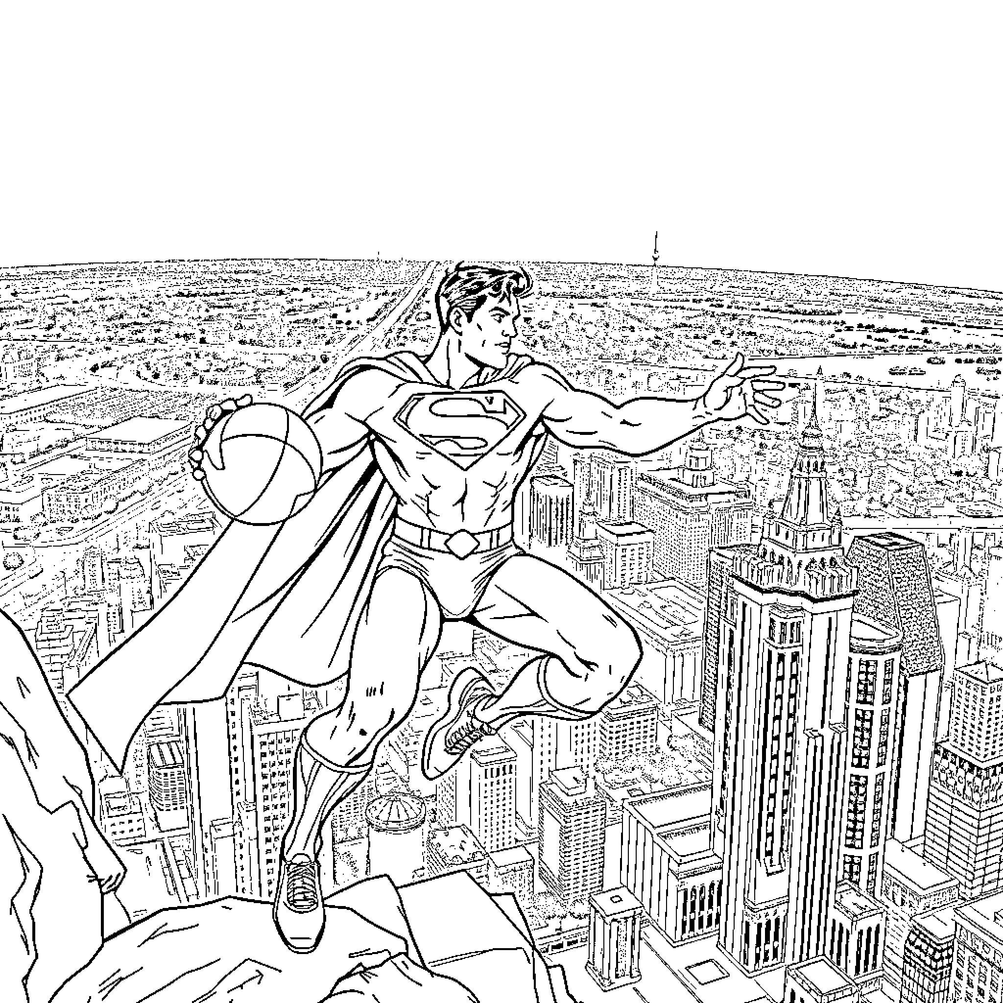 Superman soaring over the city skyline Coloring Page (free black-and-white line drawing printable PDF for all, from beginners to advanced learners, including children, teens, adults, and seniors)