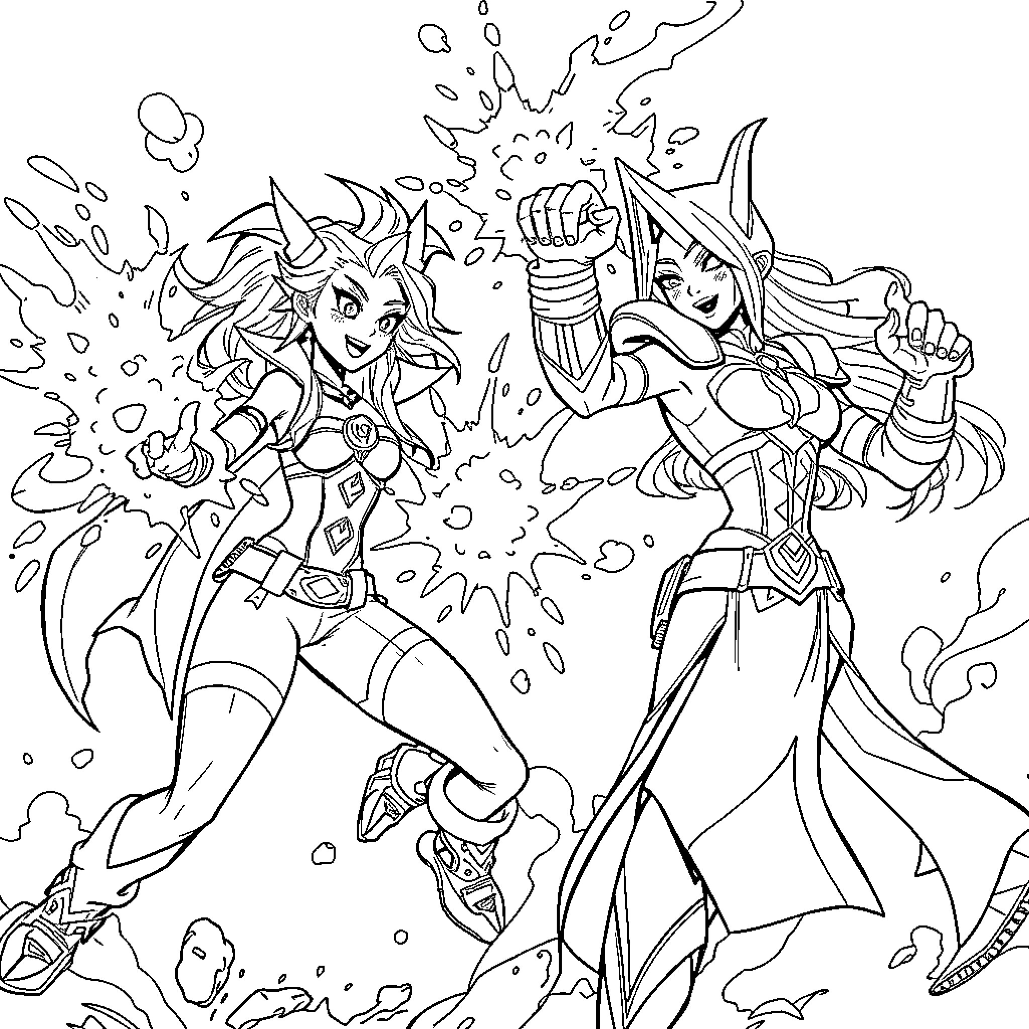 Jinx and Vi: Chaos and Action Coloring Page (free black-and-white line drawing printable PDF for all, from beginners to advanced learners, including children, teens, adults, and seniors)