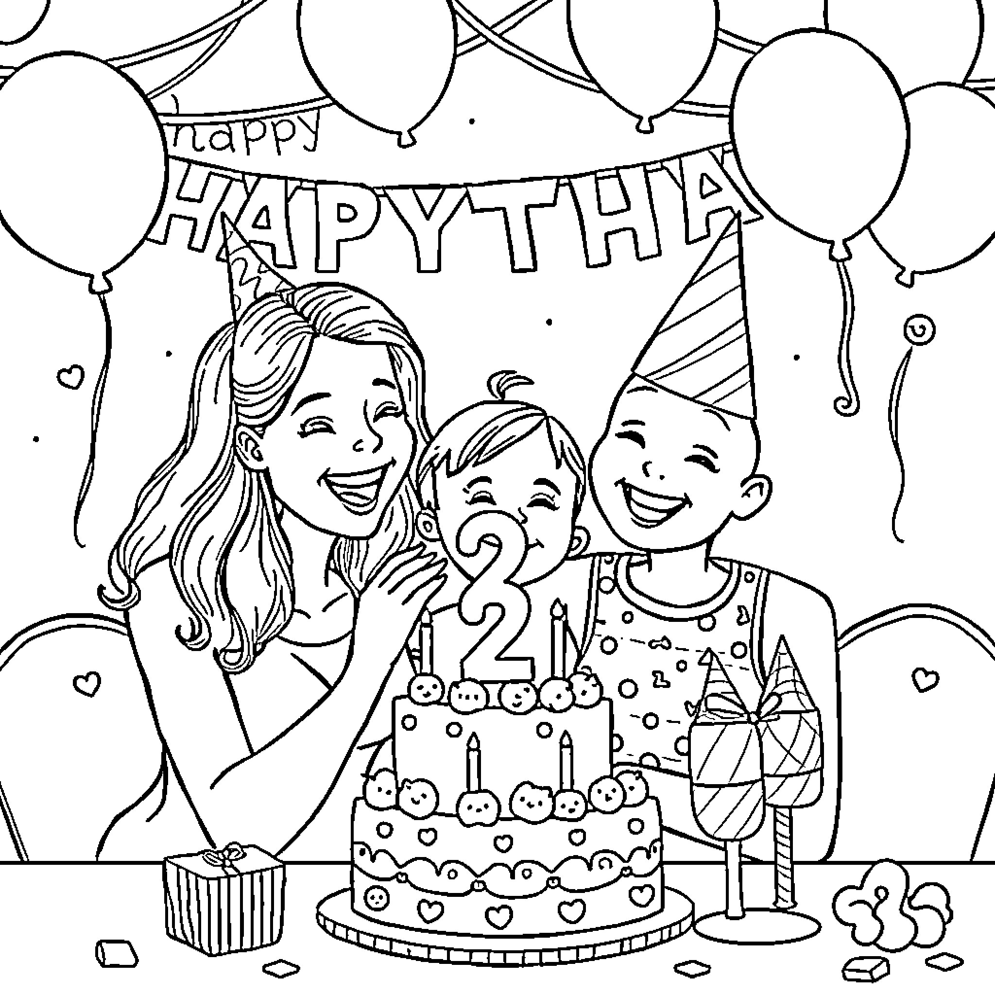 Birthday Party with Balloons and Celebrations Coloring Page (free black-and-white line drawing printable PDF for all, from beginners to advanced learners, including children, teens, adults, and seniors)