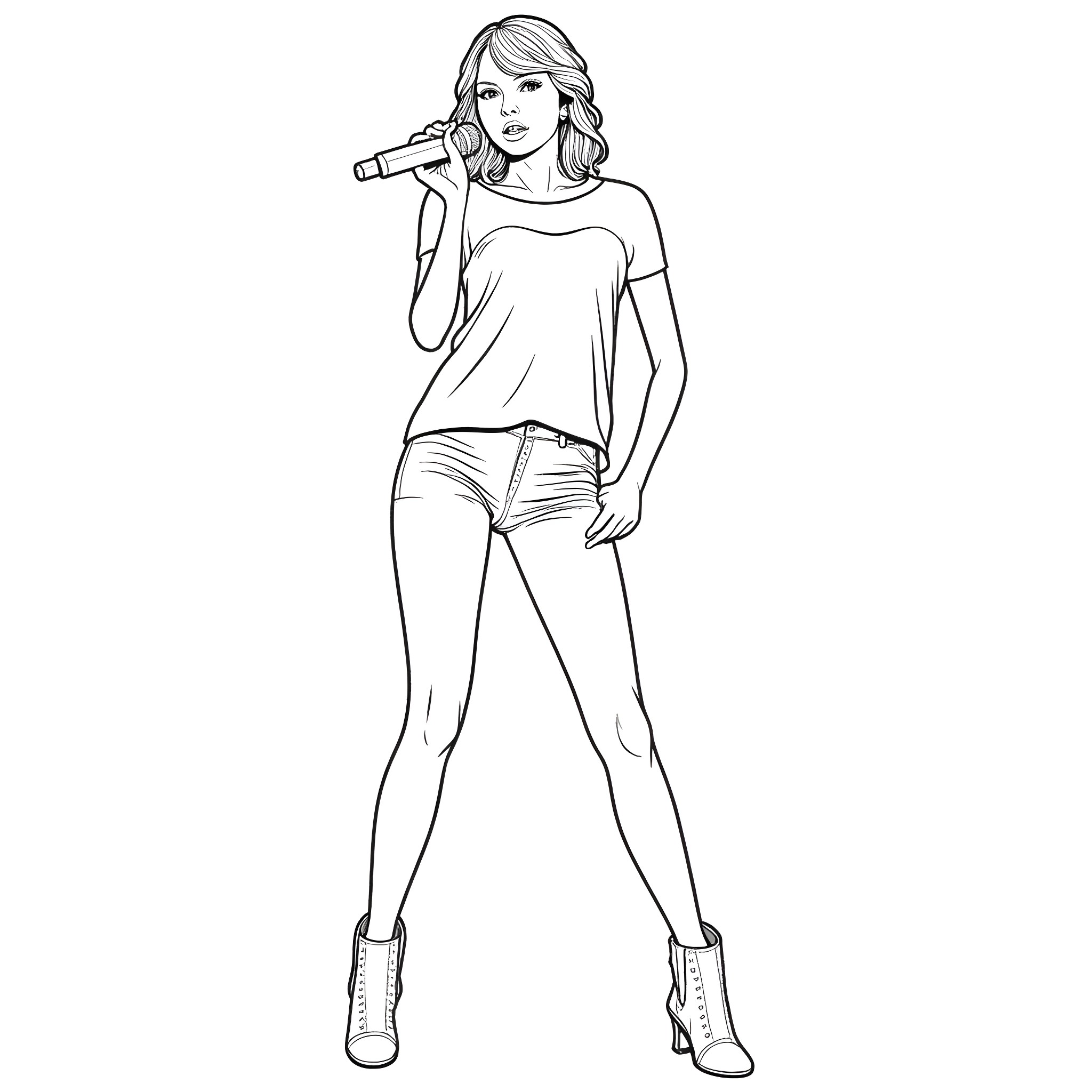 Taylor Swift performing on stage with microphone Coloring Page (free black-and-white line drawing printable PDF for all, from beginners to advanced learners, including children, teens, adults, and seniors)