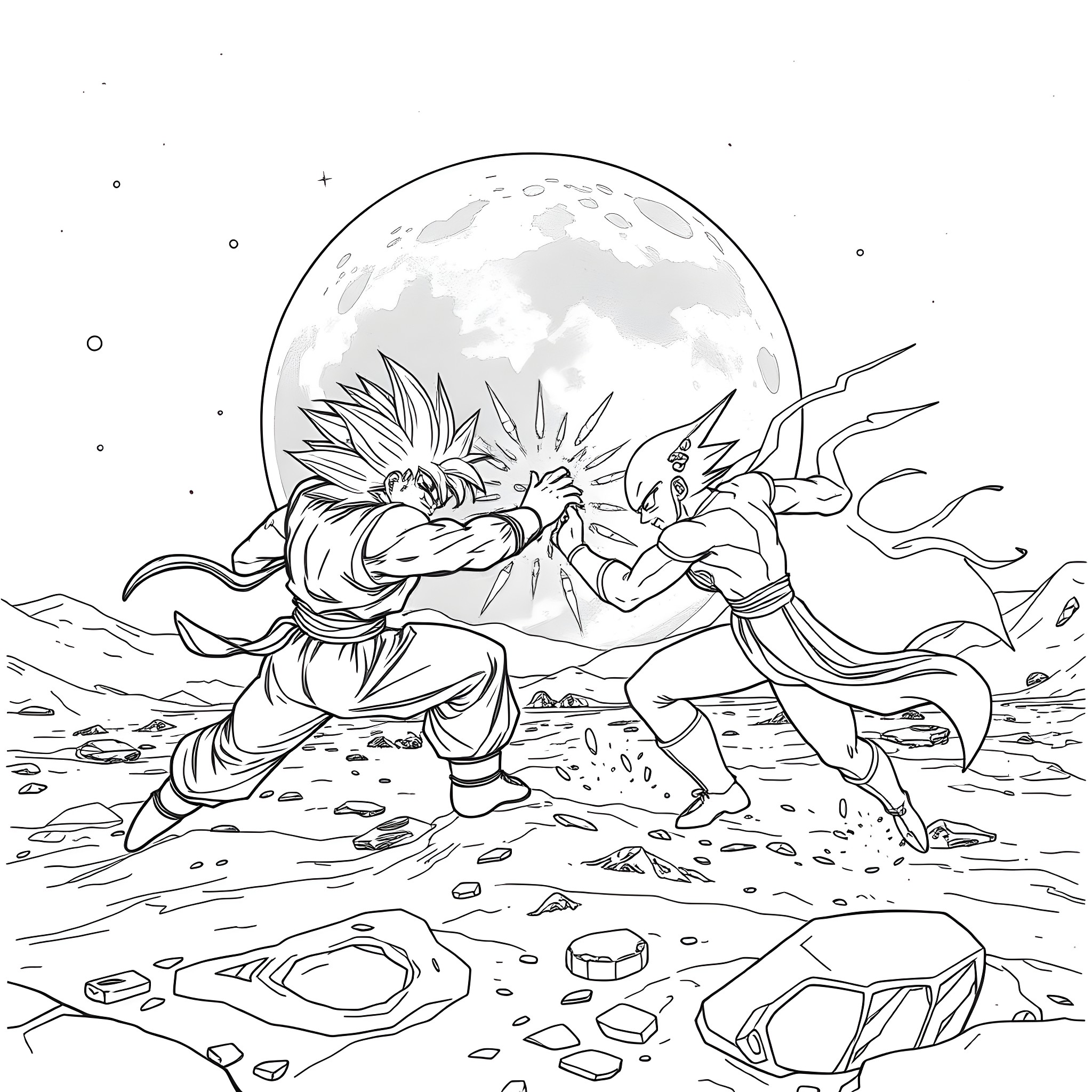Goku and Vegeta fighting under the night sky Coloring Page (free black-and-white line drawing printable PDF for all, from beginners to advanced learners, including children, teens, adults, and seniors)