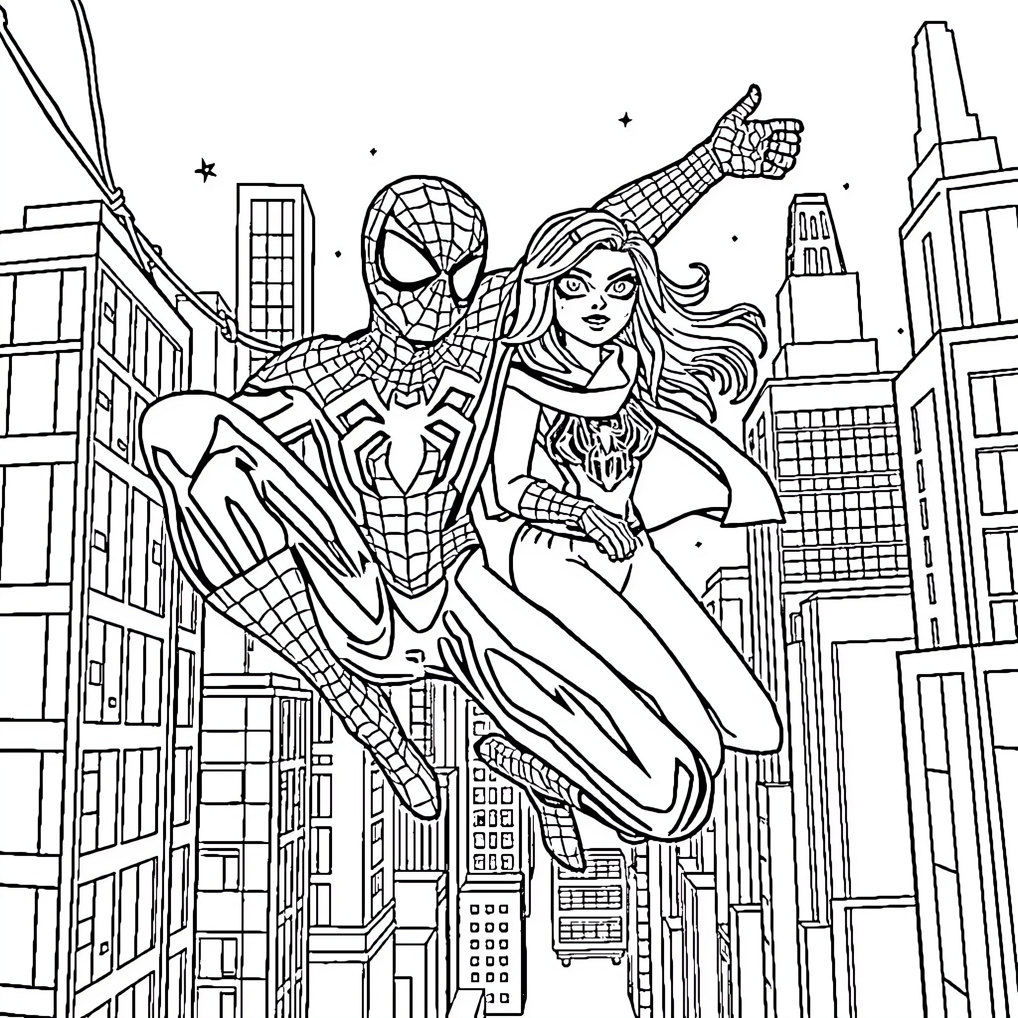 Spider-Man and a female superhero soaring over the city Coloring Page (free black-and-white line drawing printable PDF for all, from beginners to advanced learners, including children, teens, adults, and seniors)