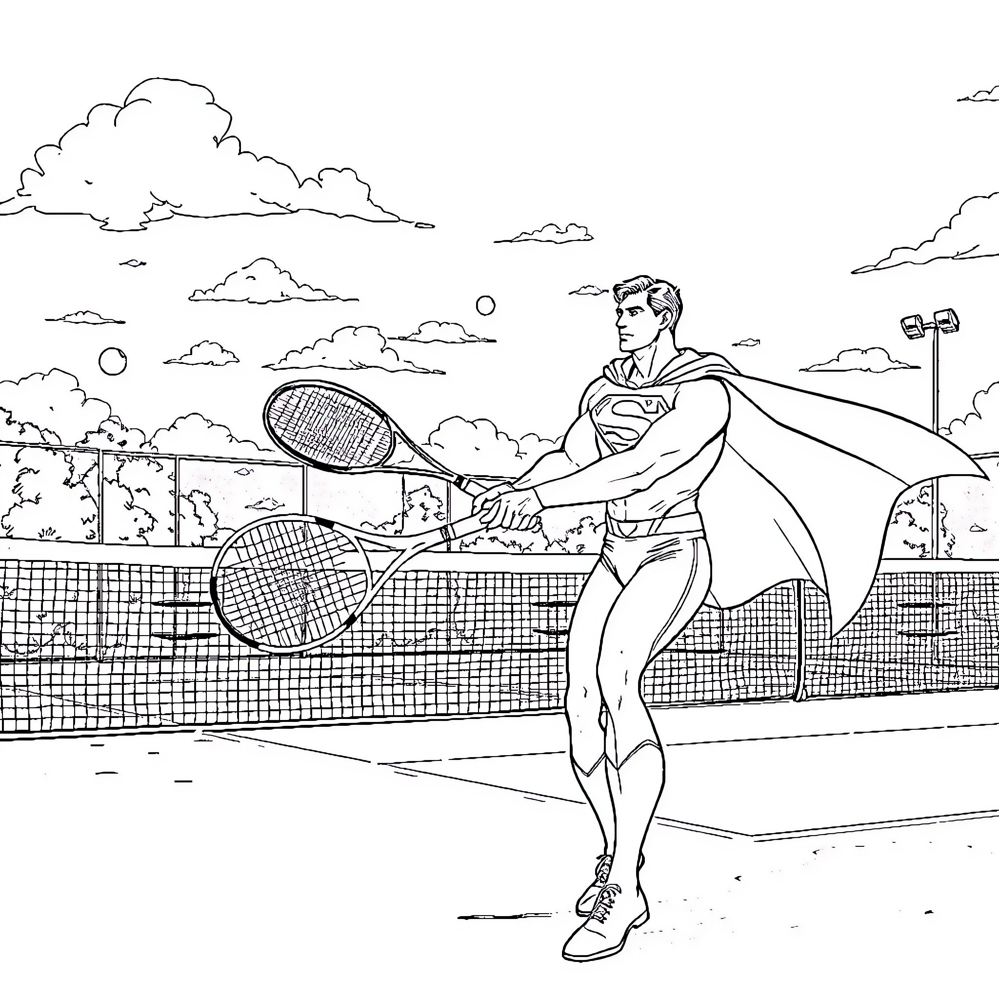 Superman playing tennis on the court Coloring Page (free black-and-white line drawing printable PDF for all, from beginners to advanced learners, including children, teens, adults, and seniors)