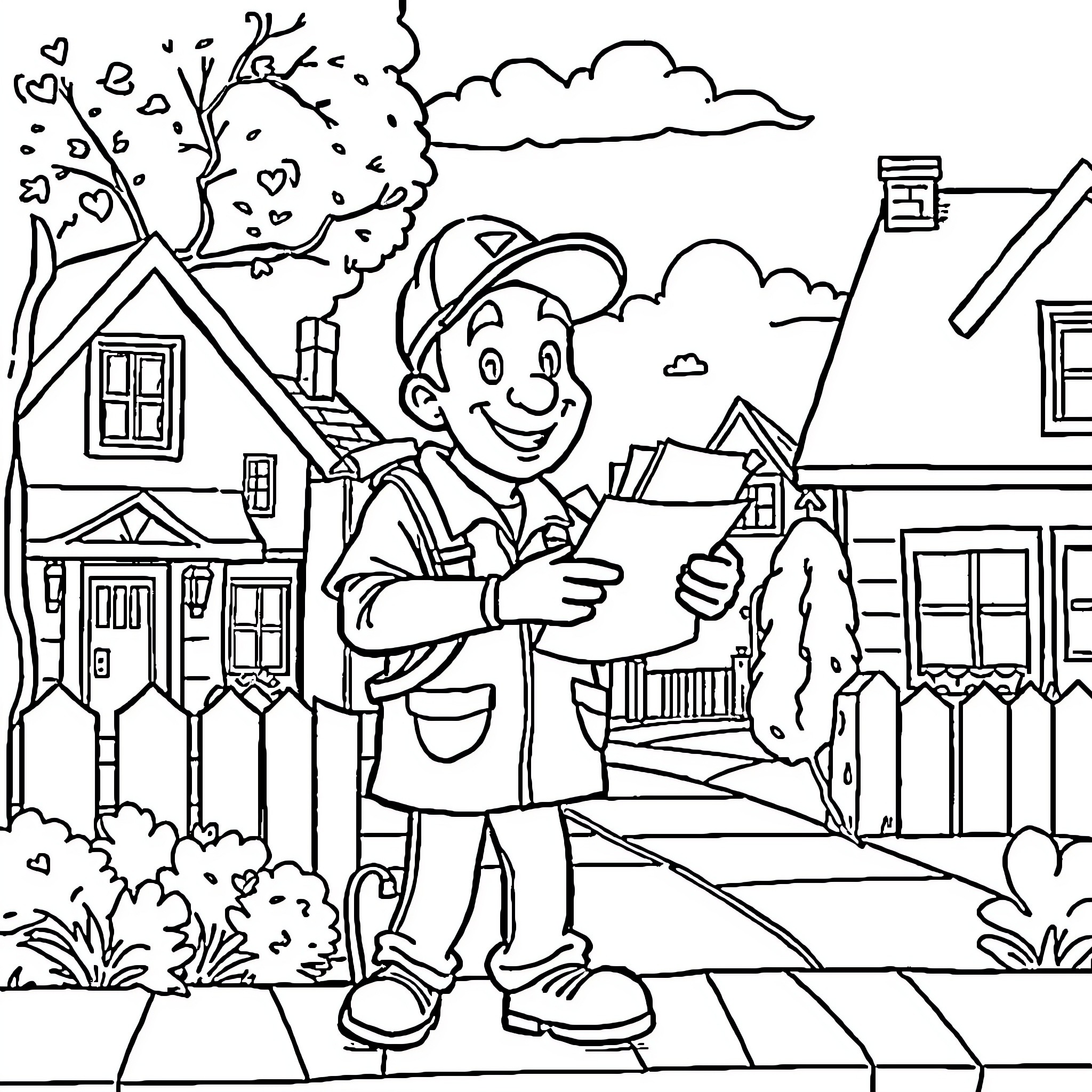 Mailman delivering packages in a neighborhood Coloring Page (free black-and-white line drawing printable PDF for all, from beginners to advanced learners, including children, teens, adults, and seniors)