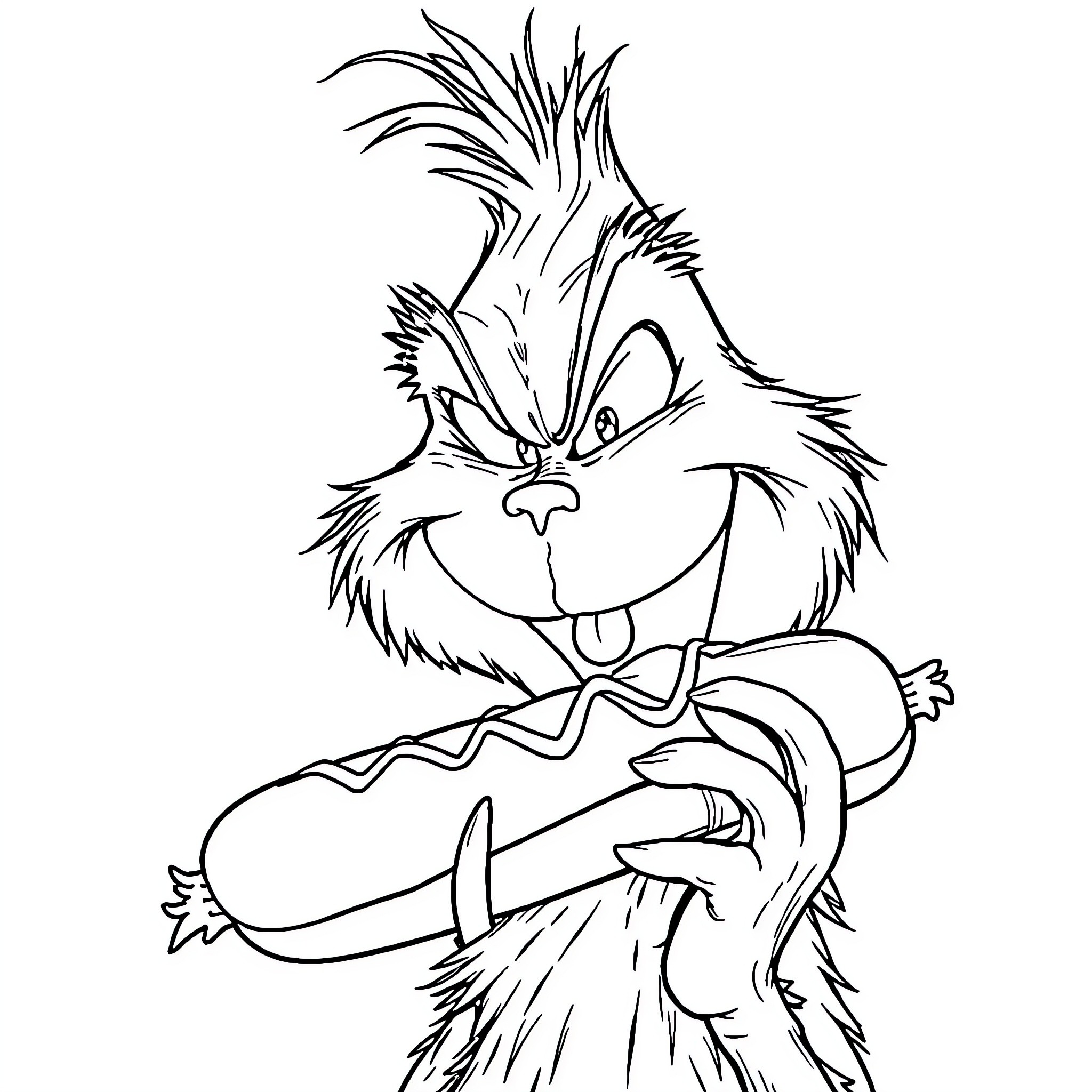 Grinch eating a hot dog with a mischievous expression Coloring Page (free black-and-white line drawing printable PDF for all, from beginners to advanced learners, including children, teens, adults, and seniors)
