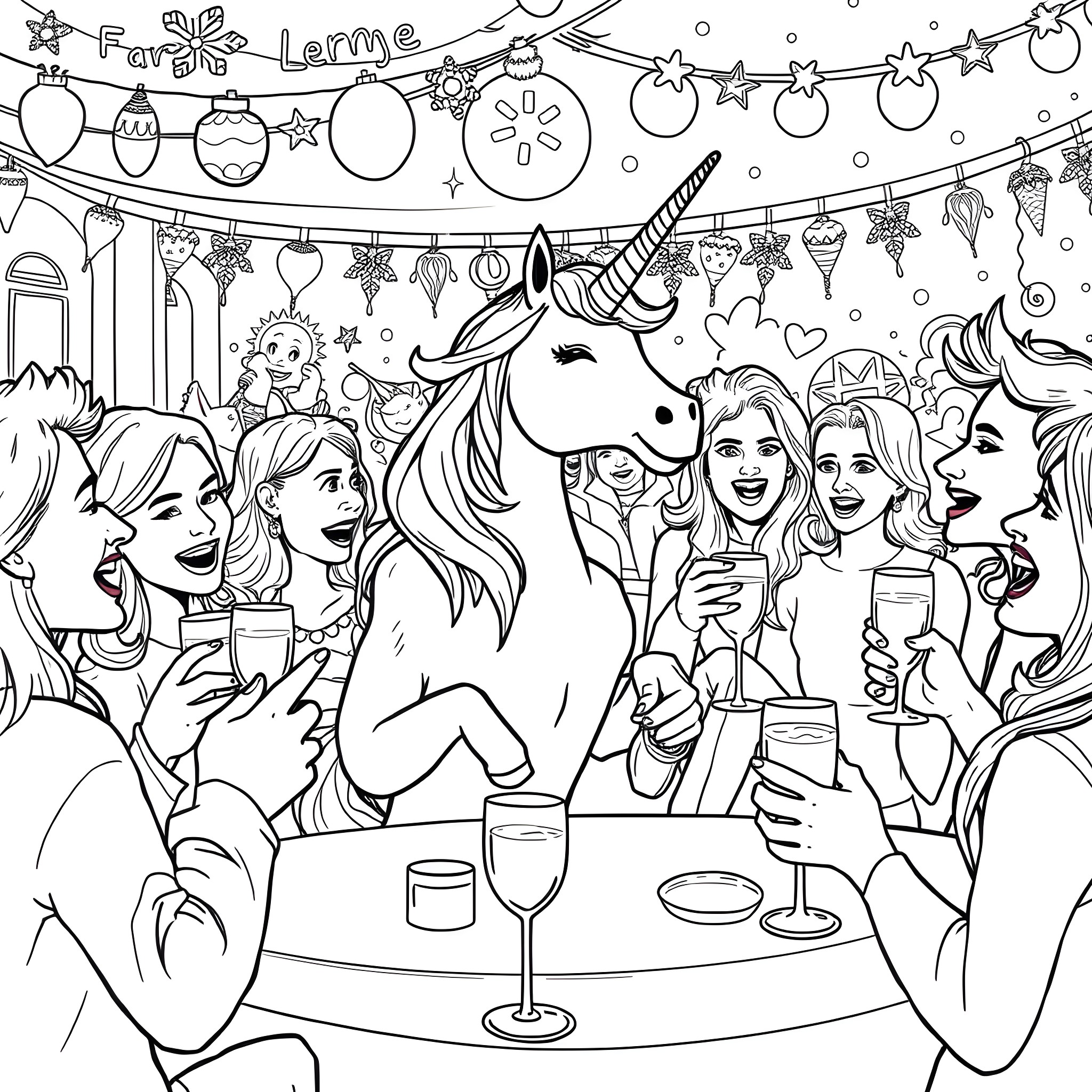 Unicorn celebrating with friends at a party Coloring Page (free black-and-white line drawing printable PDF for all, from beginners to advanced learners, including children, teens, adults, and seniors)