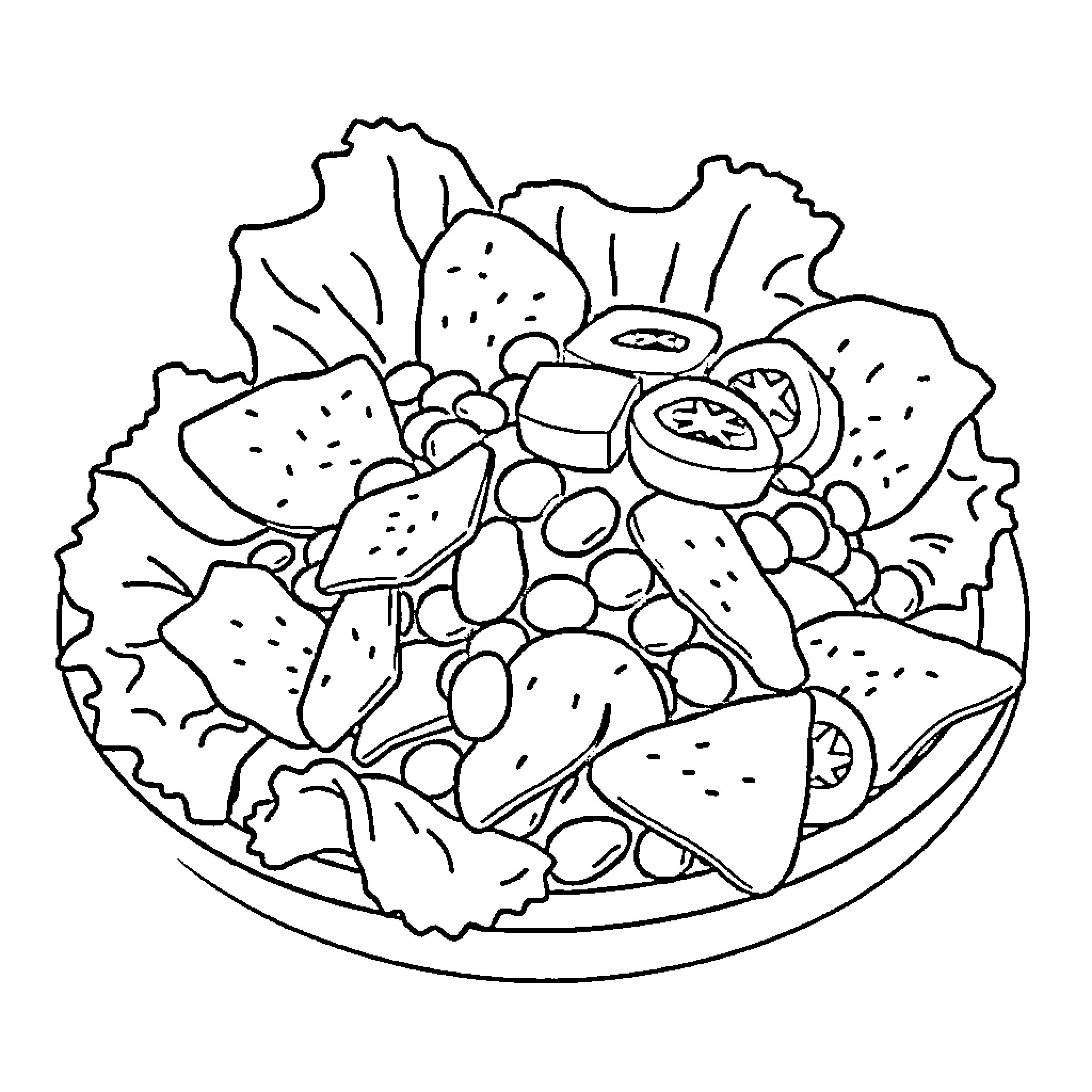 Taco Salad with Appetizing Ingredients Coloring Page (free black-and-white line drawing printable PDF for all, from beginners to advanced learners, including children, teens, adults, and seniors)