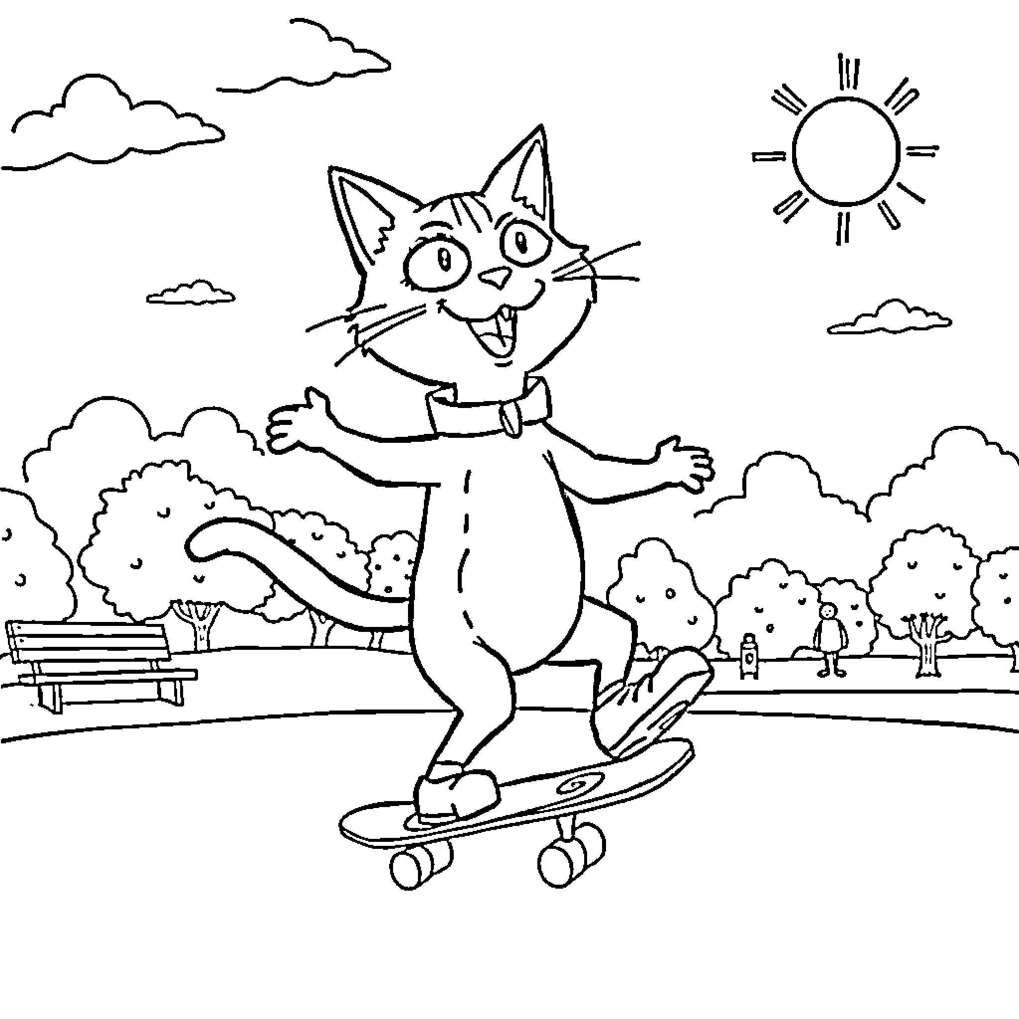 Pete the Cat skateboarding in the park Coloring Page (free black-and-white line drawing printable PDF for all, from beginners to advanced learners, including children, teens, adults, and seniors)