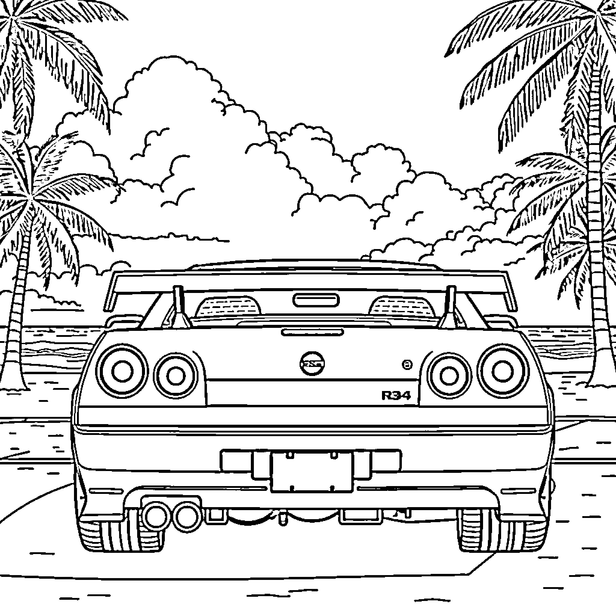 Skyline of a sports car on the beach Coloring Page (free black-and-white line drawing printable PDF for all, from beginners to advanced learners, including children, teens, adults, and seniors)