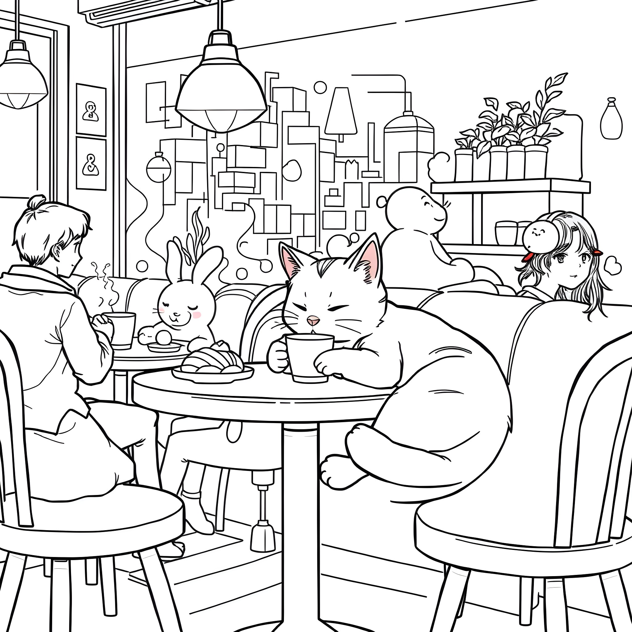 Cat enjoying coffee with friends in a cozy cafe Coloring Page (free black-and-white line drawing printable PDF for all, from beginners to advanced learners, including children, teens, adults, and seniors)