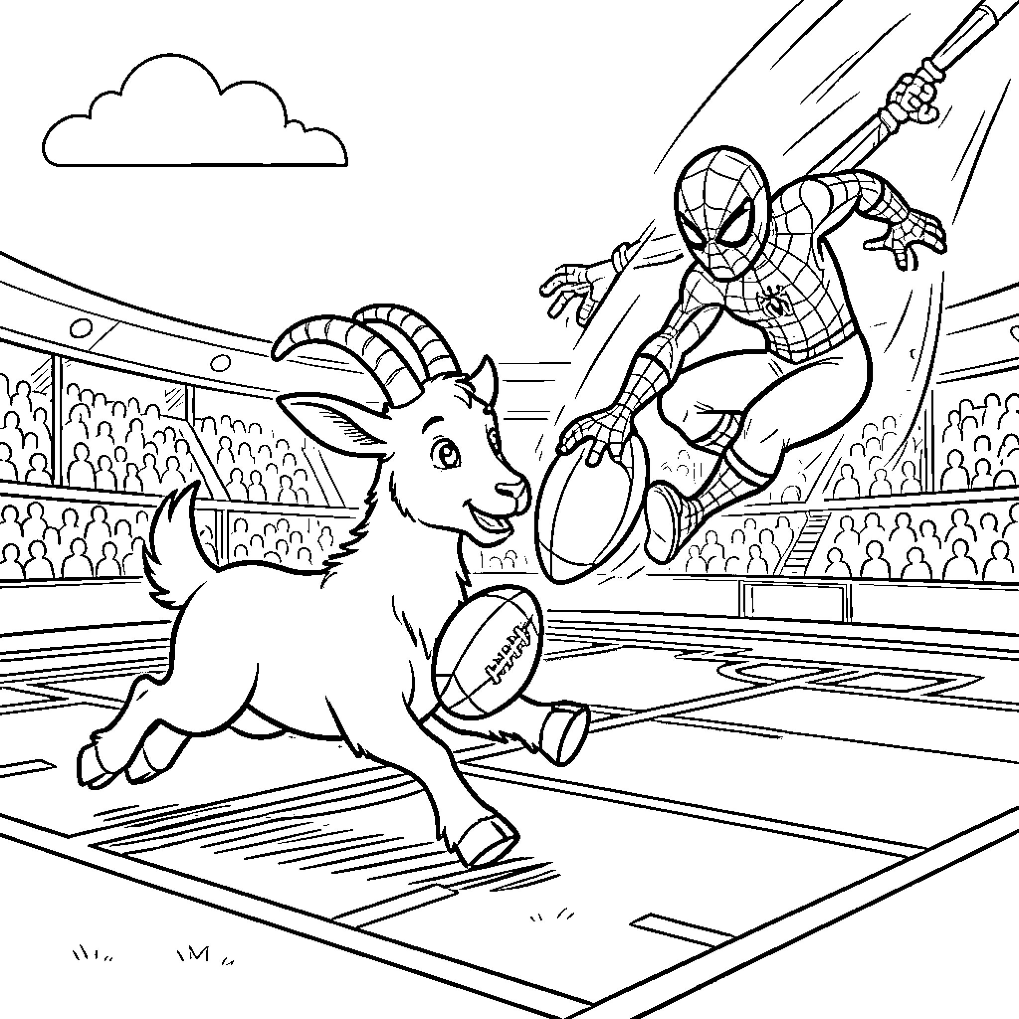 Goat and superhero on stadium field Coloring Page (free black-and-white line drawing printable PDF for all, from beginners to advanced learners, including children, teens, adults, and seniors)