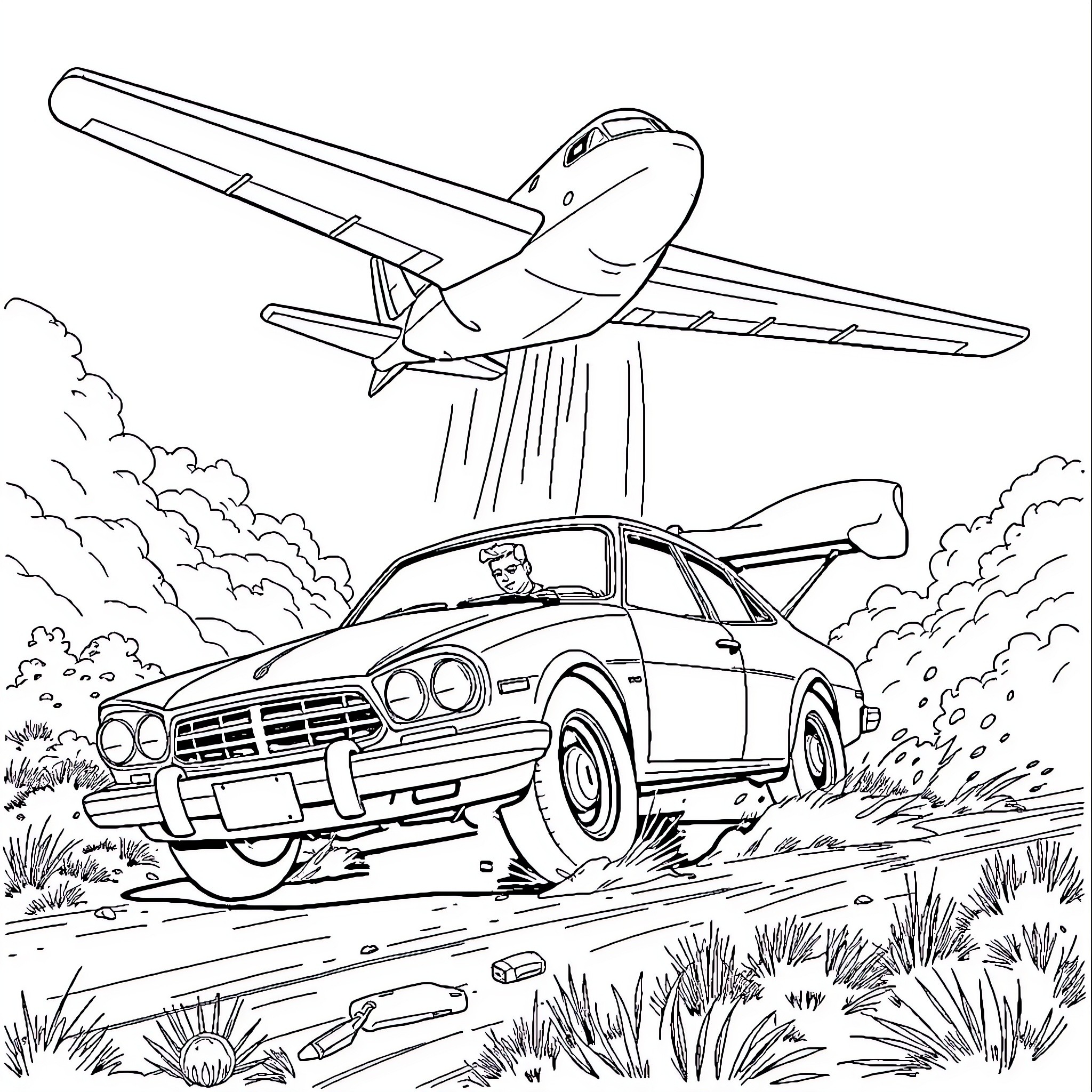 Car chasing jet on the countryside Coloring Page (free black-and-white line drawing printable PDF for all, from beginners to advanced learners, including children, teens, adults, and seniors)