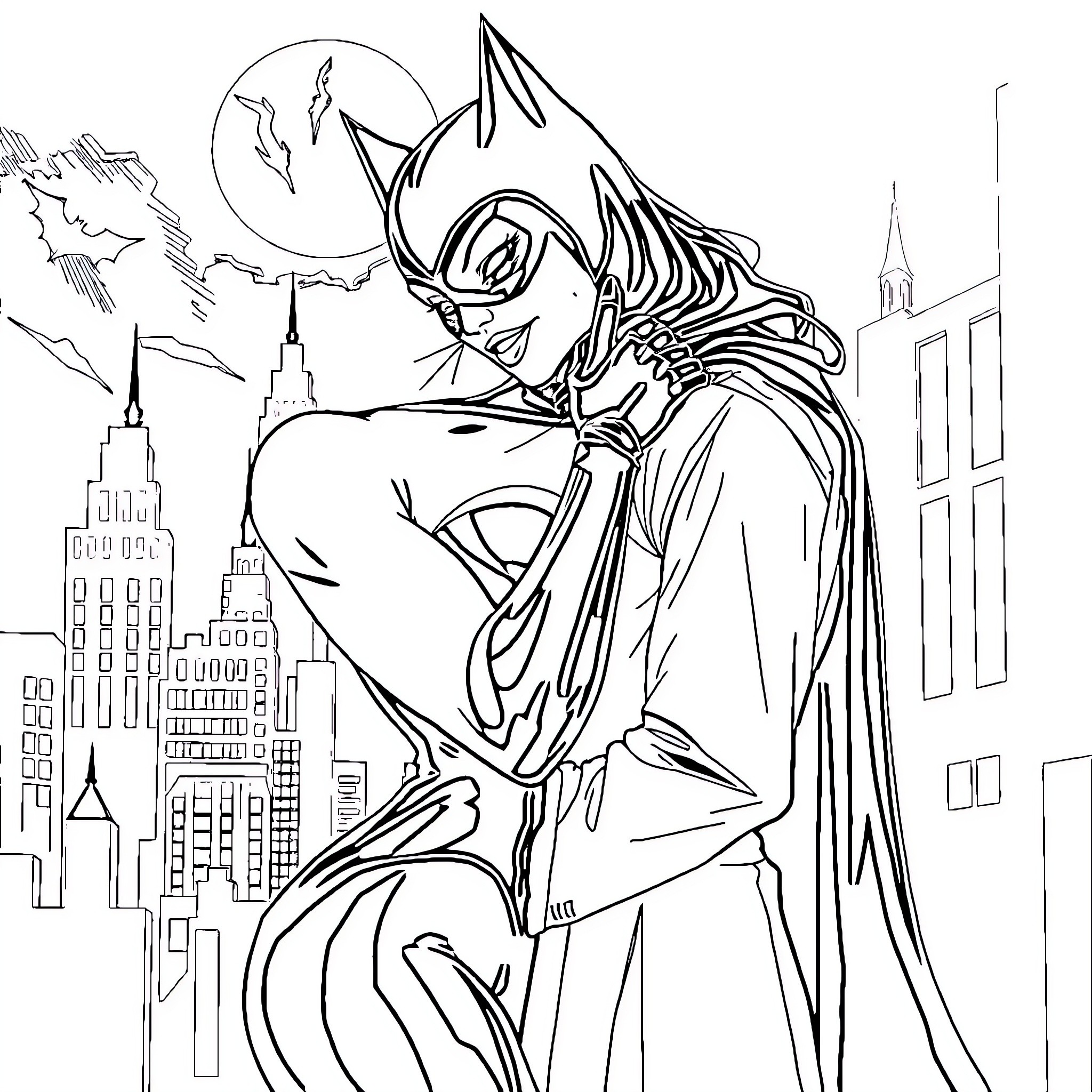 Cat Woman overlooking the city skyline Coloring Page (free black-and-white line drawing printable PDF for all, from beginners to advanced learners, including children, teens, adults, and seniors)