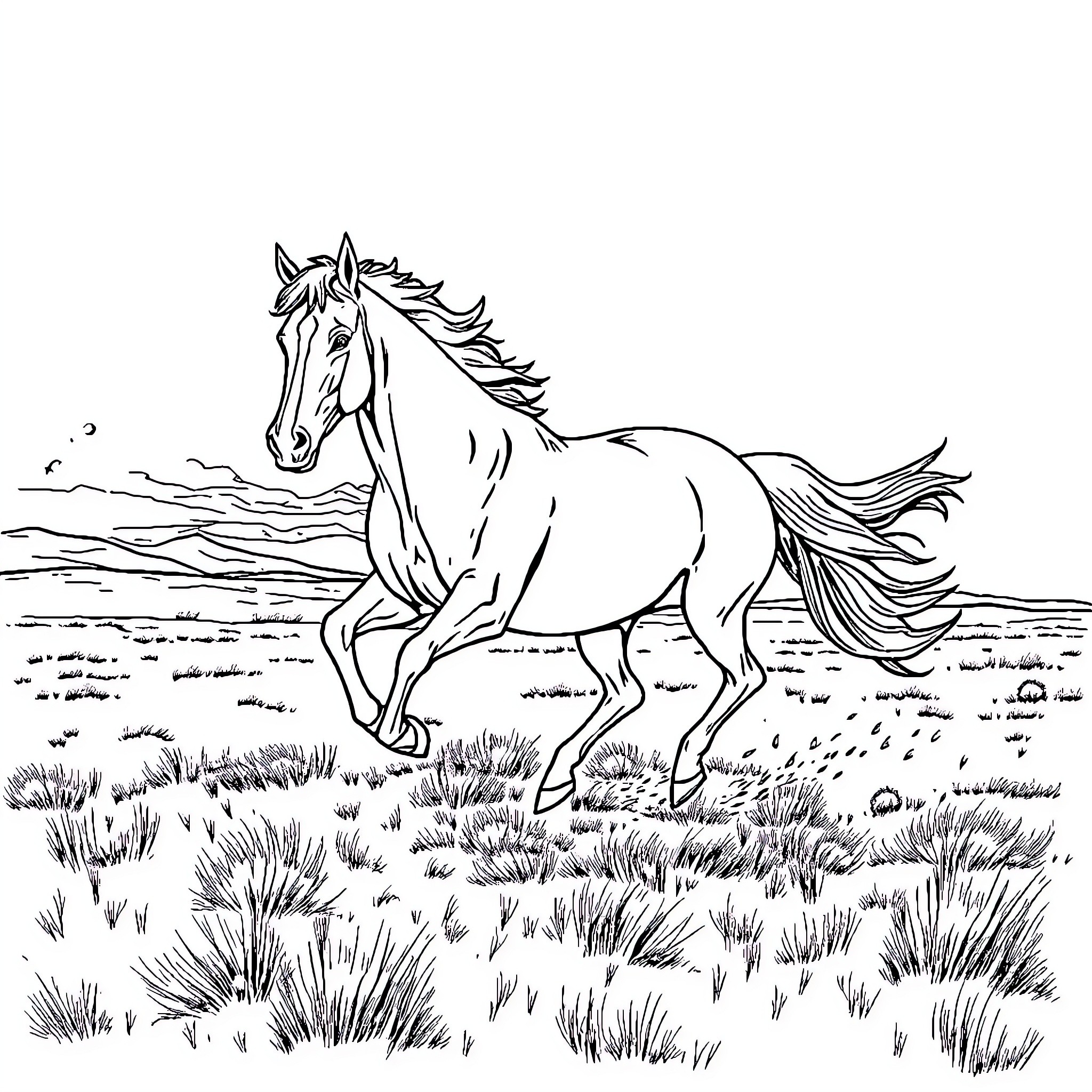 Stallion galloping freely in the meadow Coloring Page (free black-and-white line drawing printable PDF for all, from beginners to advanced learners, including children, teens, adults, and seniors)