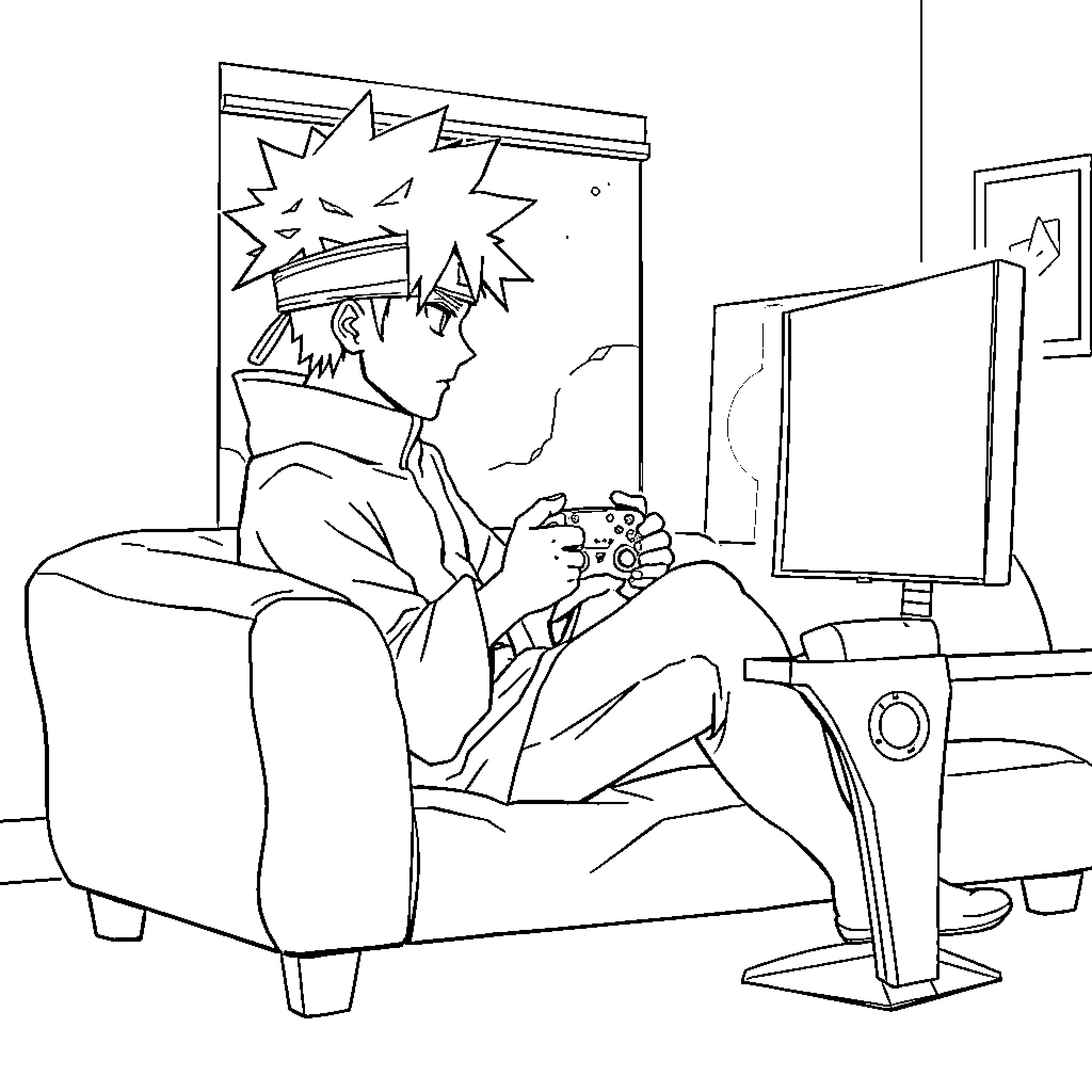 Gaara Playing Intense Video Game Coloring Page (free black-and-white line drawing printable PDF for all, from beginners to advanced learners, including children, teens, adults, and seniors)