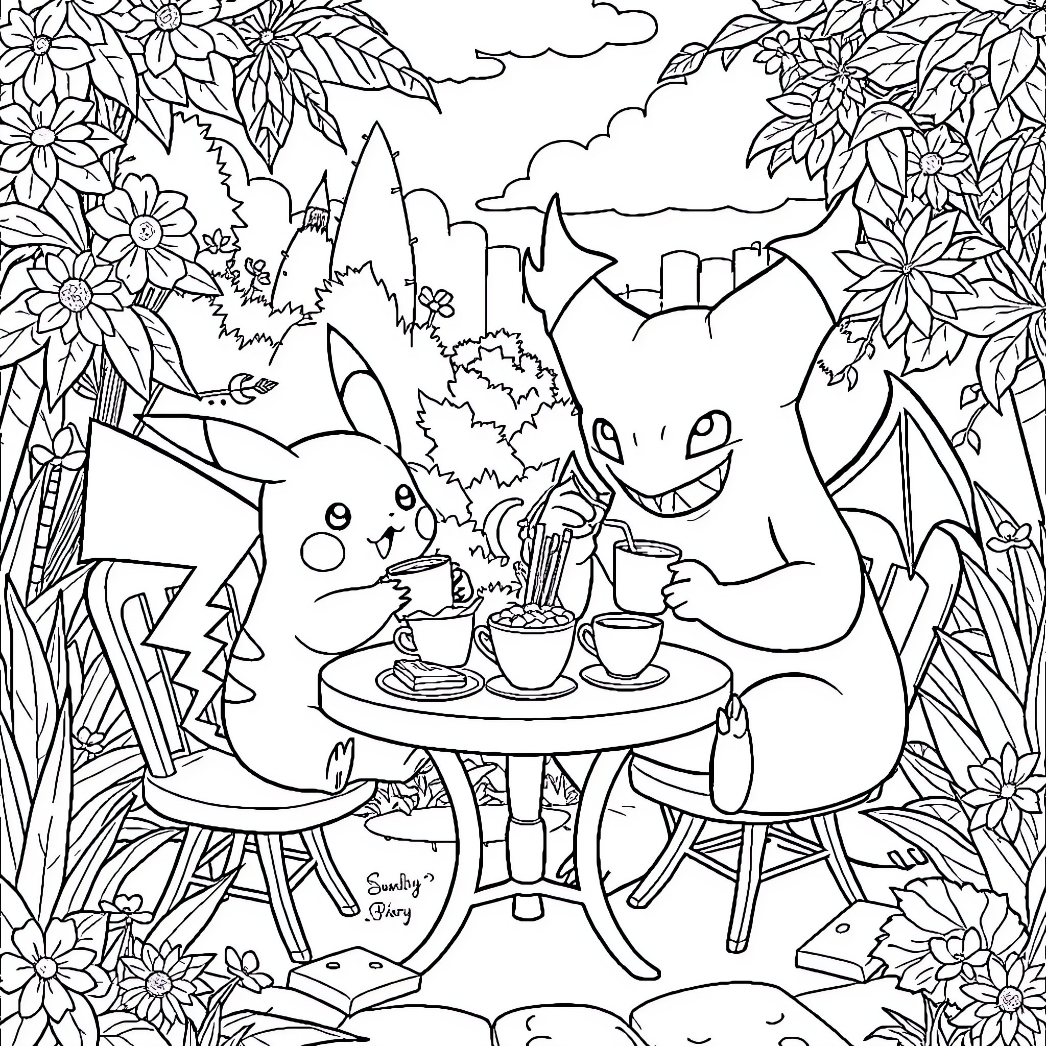 Gengar enjoying a tea party in the enchanted forest Coloring Page (free black-and-white line drawing printable PDF for all, from beginners to advanced learners, including children, teens, adults, and seniors)
