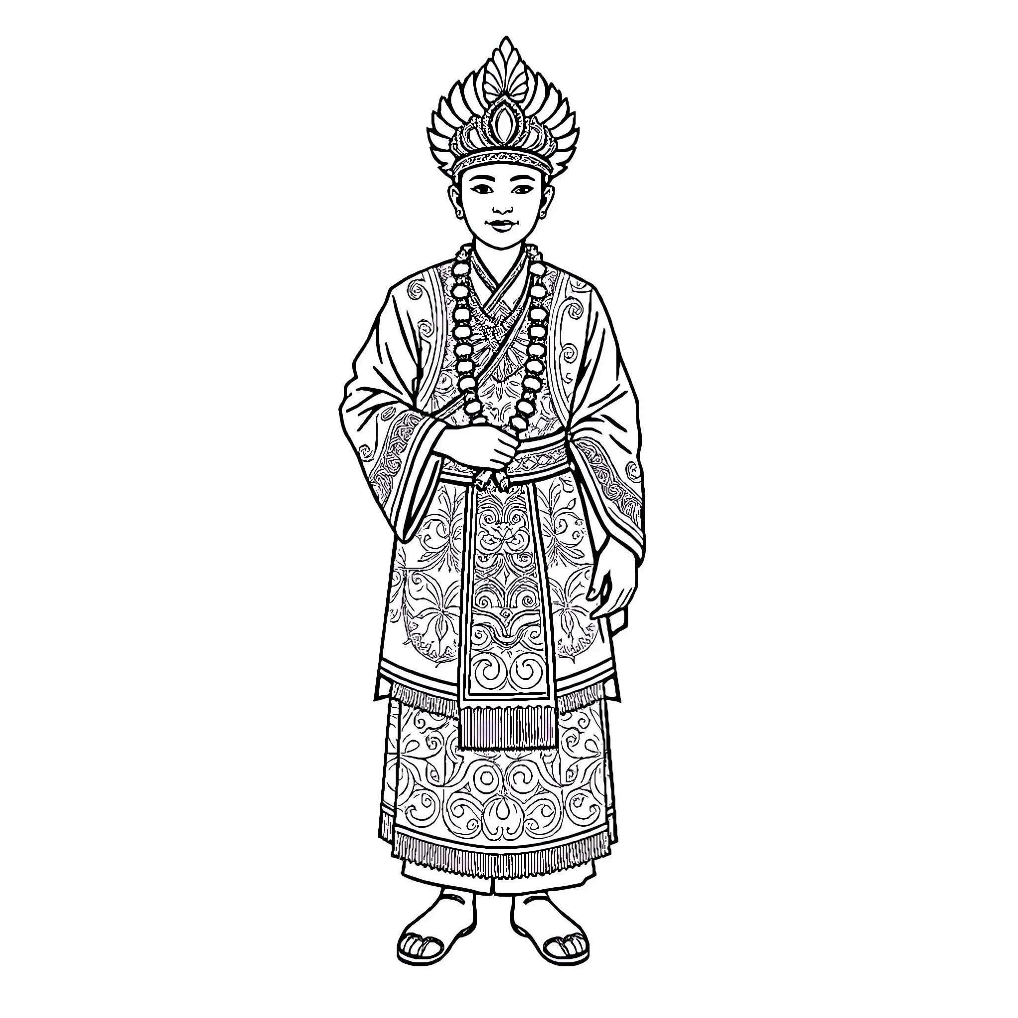 Traditional Clothing of Ornate Asian Outfit Coloring Page (free black-and-white line drawing printable PDF for all, from beginners to advanced learners, including children, teens, adults, and seniors)