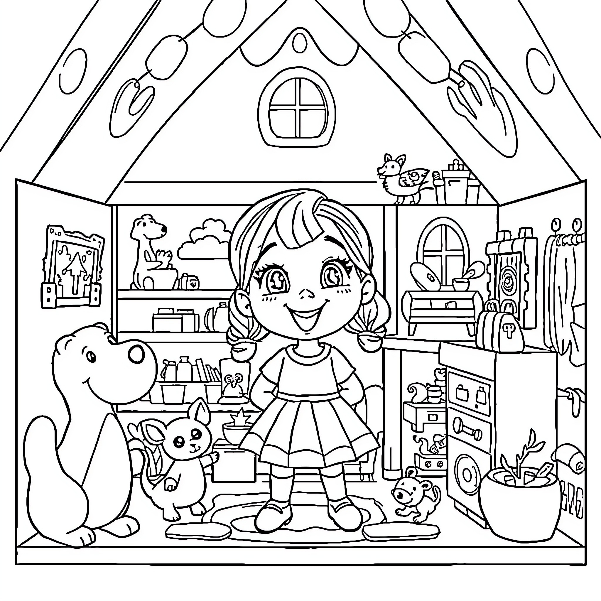 Dollhouse with a Girl and Her Toys Coloring Page (free black-and-white line drawing printable PDF for all, from beginners to advanced learners, including children, teens, adults, and seniors)