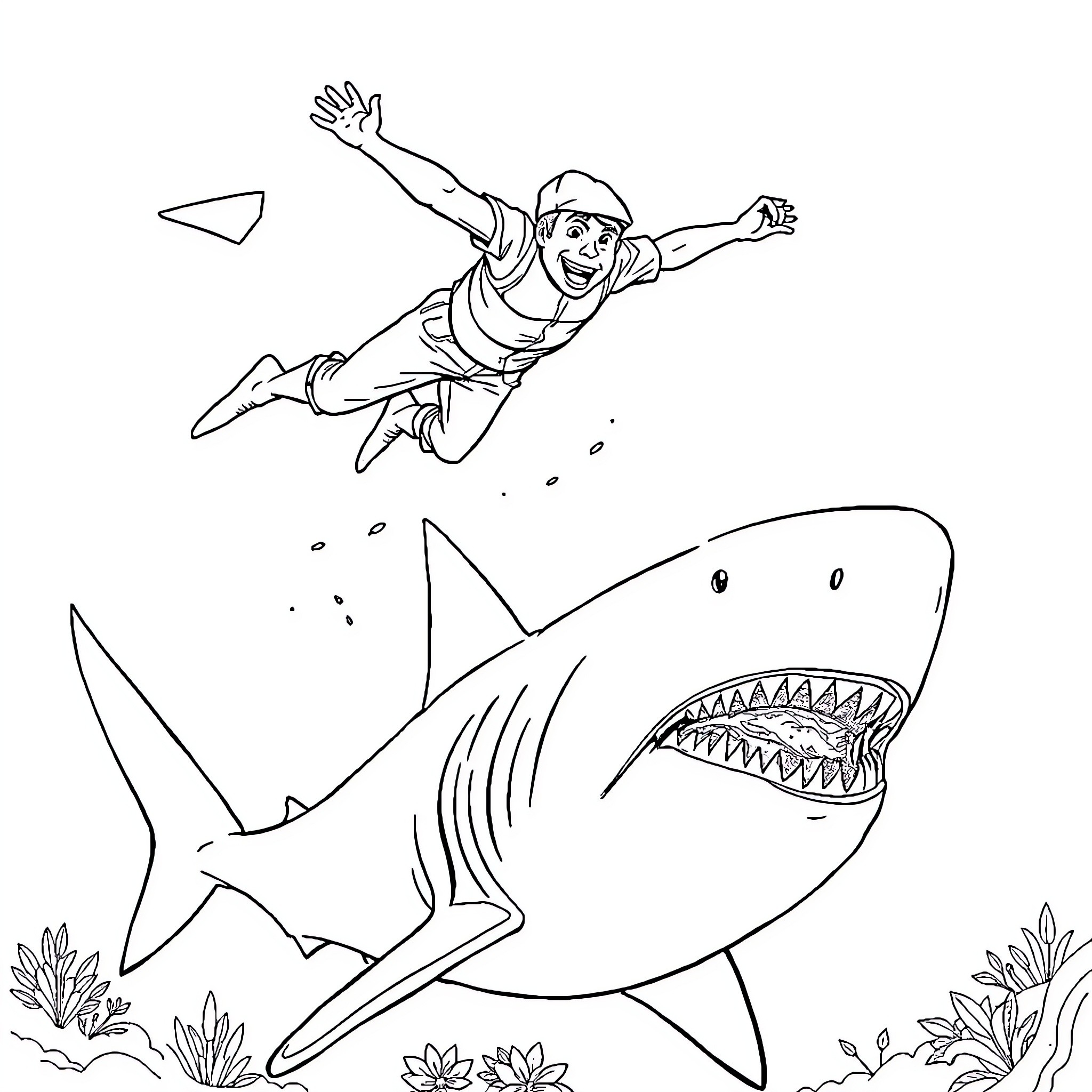 Rodger Dodger's Daring Dive with Sharks Coloring Page (free black-and-white line drawing printable PDF for all, from beginners to advanced learners, including children, teens, adults, and seniors)