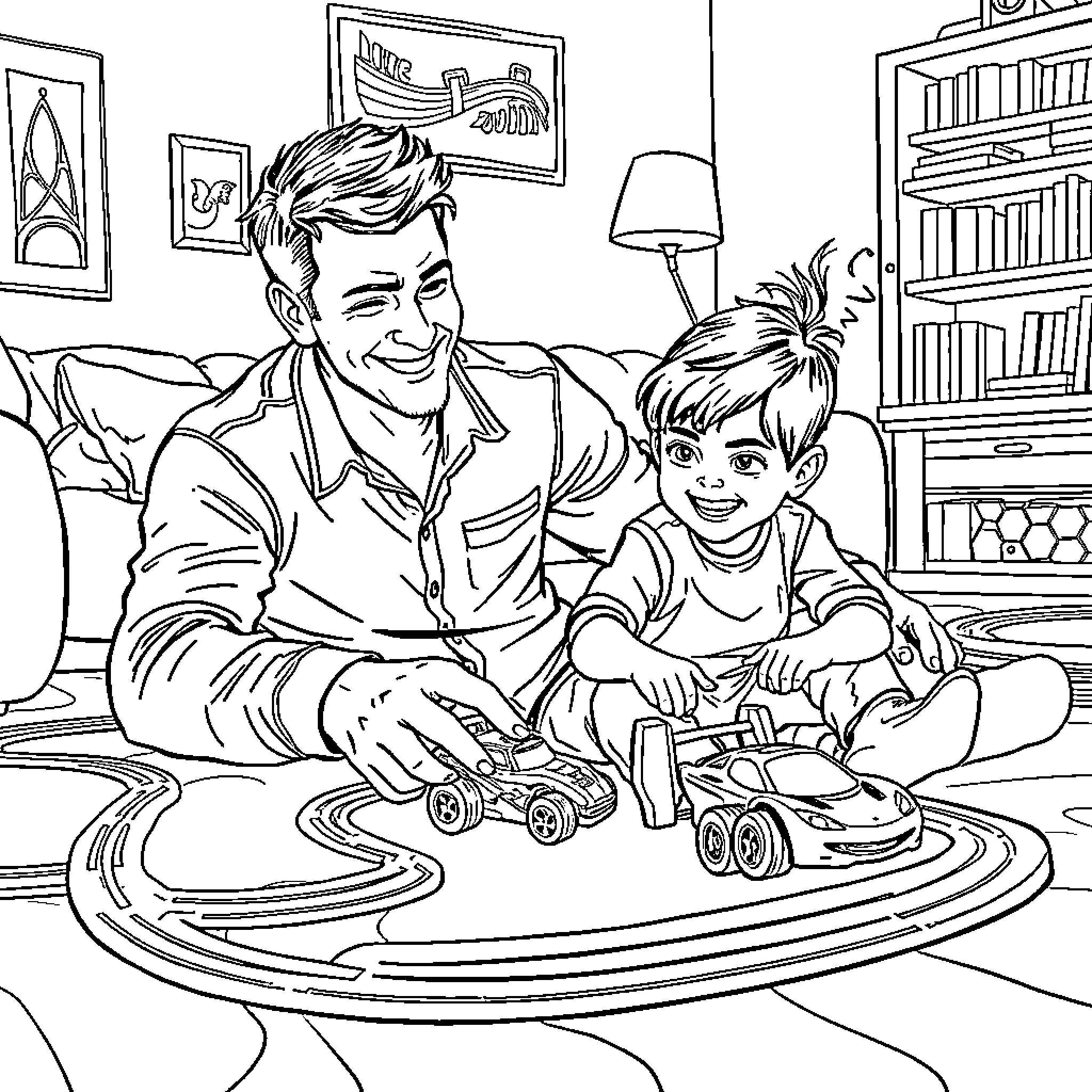Garrett Garrison Spending Quality Time with Child Coloring Page (free black-and-white line drawing printable PDF for all, from beginners to advanced learners, including children, teens, adults, and seniors)