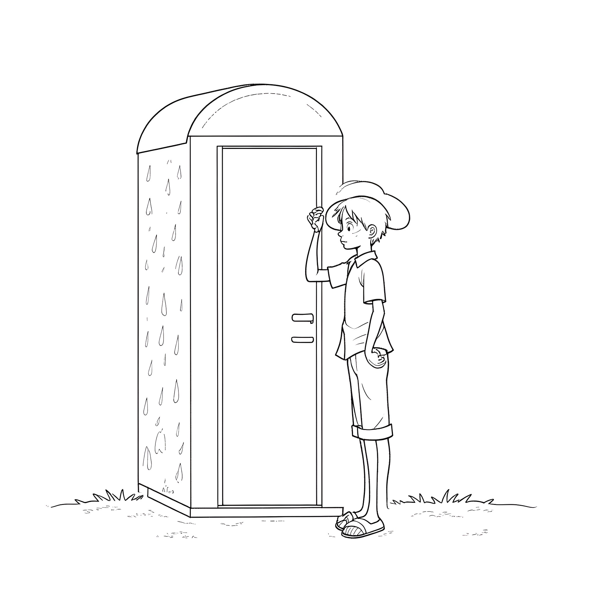 Luffy taking shelter from the rain Coloring Page (free black-and-white line drawing printable PDF for all, from beginners to advanced learners, including children, teens, adults, and seniors)