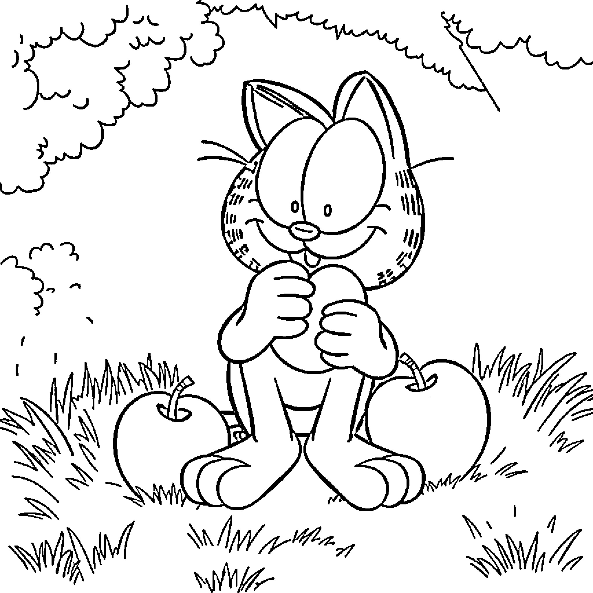 Garfield enjoying an apple in the outdoors Coloring Page (free black-and-white line drawing printable PDF for all, from beginners to advanced learners, including children, teens, adults, and seniors)