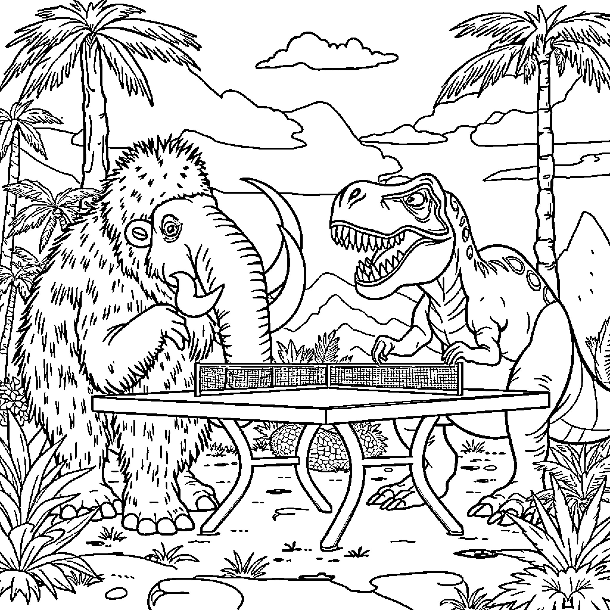 Mammoth and Dinosaurs in Prehistoric Jungle Coloring Page (free black-and-white line drawing printable PDF for all, from beginners to advanced learners, including children, teens, adults, and seniors)