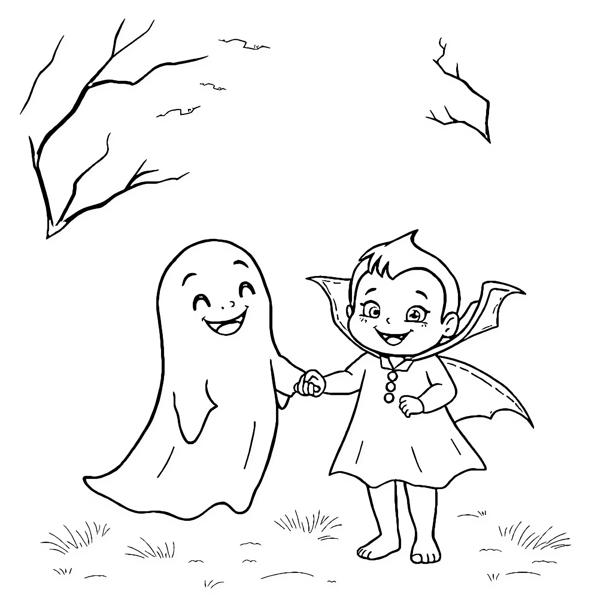 Ghost playing happily with young girl in the park Coloring Page (free black-and-white line drawing printable PDF for all, from beginners to advanced learners, including children, teens, adults, and seniors)