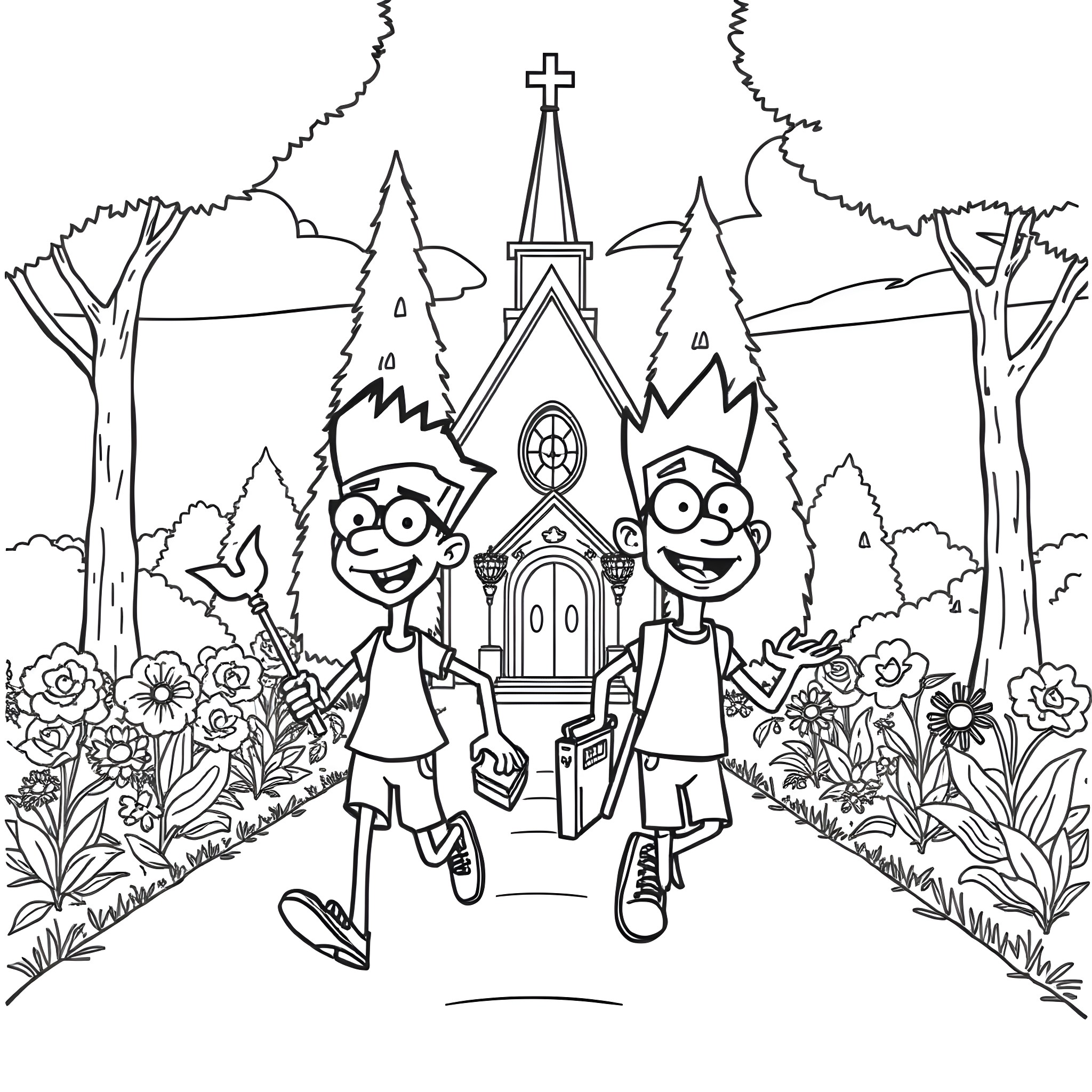 Phineas and Ferb walking to a church in a forest Coloring Page (free black-and-white line drawing printable PDF for all, from beginners to advanced learners, including children, teens, adults, and seniors)