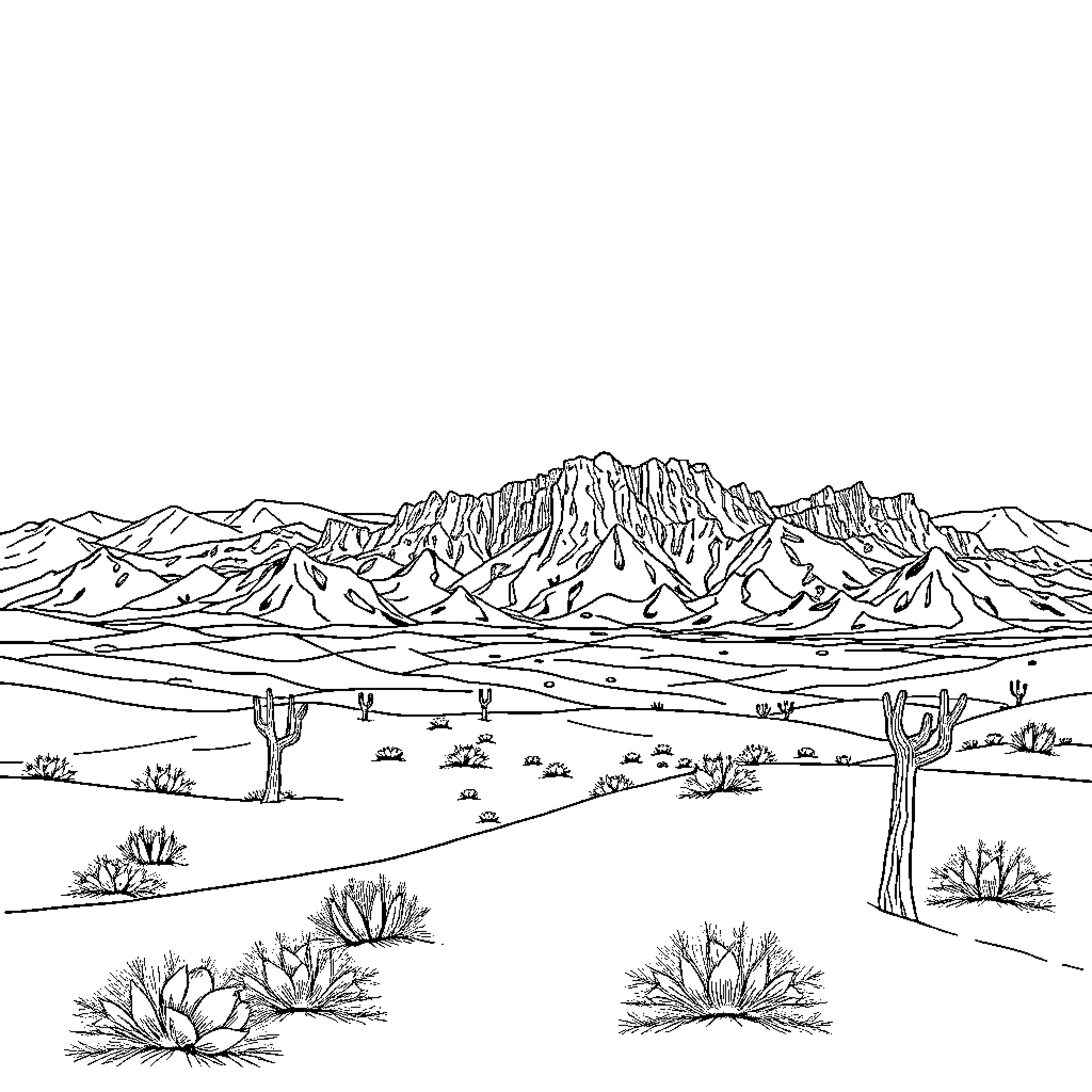 Arma Mojave: Rugged Landscapes and Desert Scenes Coloring Page (free black-and-white line drawing printable PDF for all, from beginners to advanced learners, including children, teens, adults, and seniors)