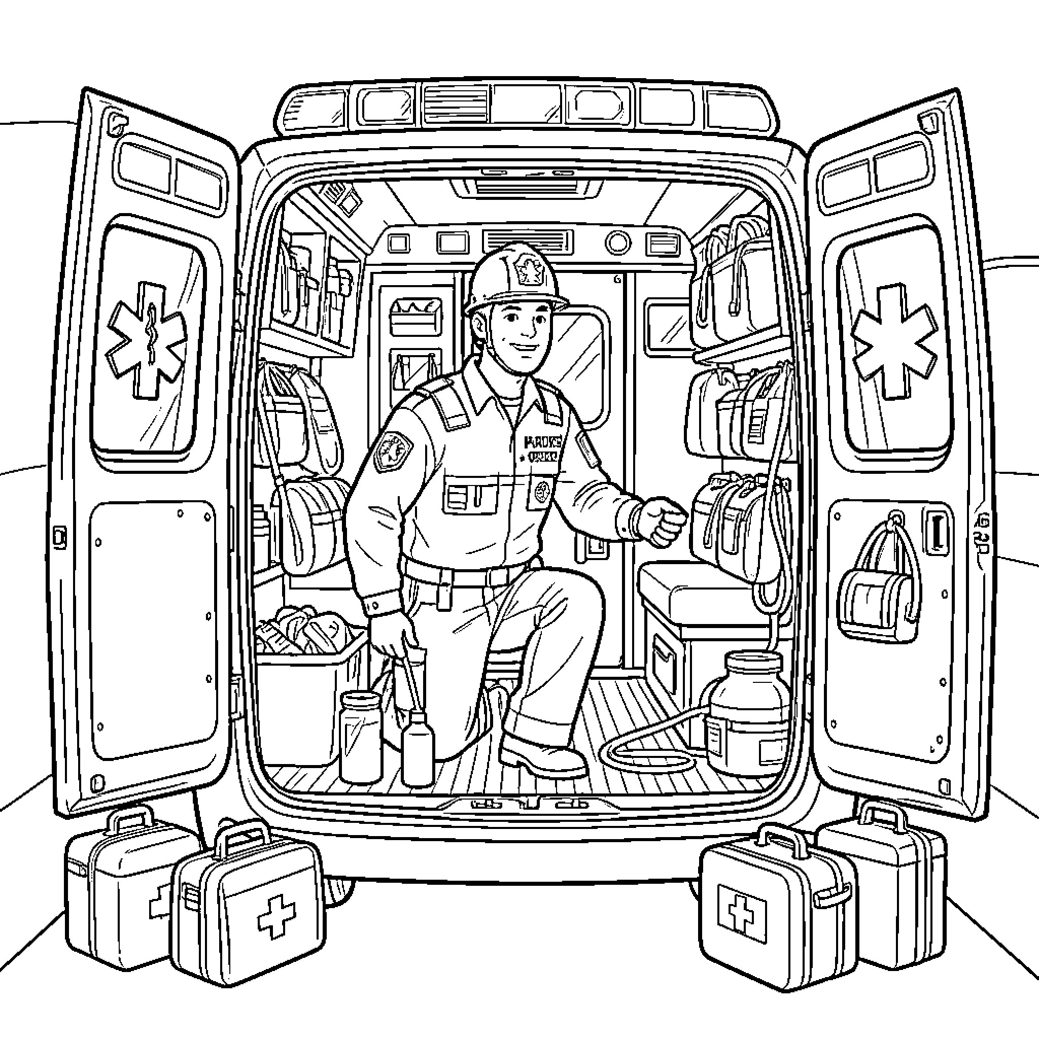 Paramedic providing emergency care inside ambulance Coloring Page (free black-and-white line drawing printable PDF for all, from beginners to advanced learners, including children, teens, adults, and seniors)