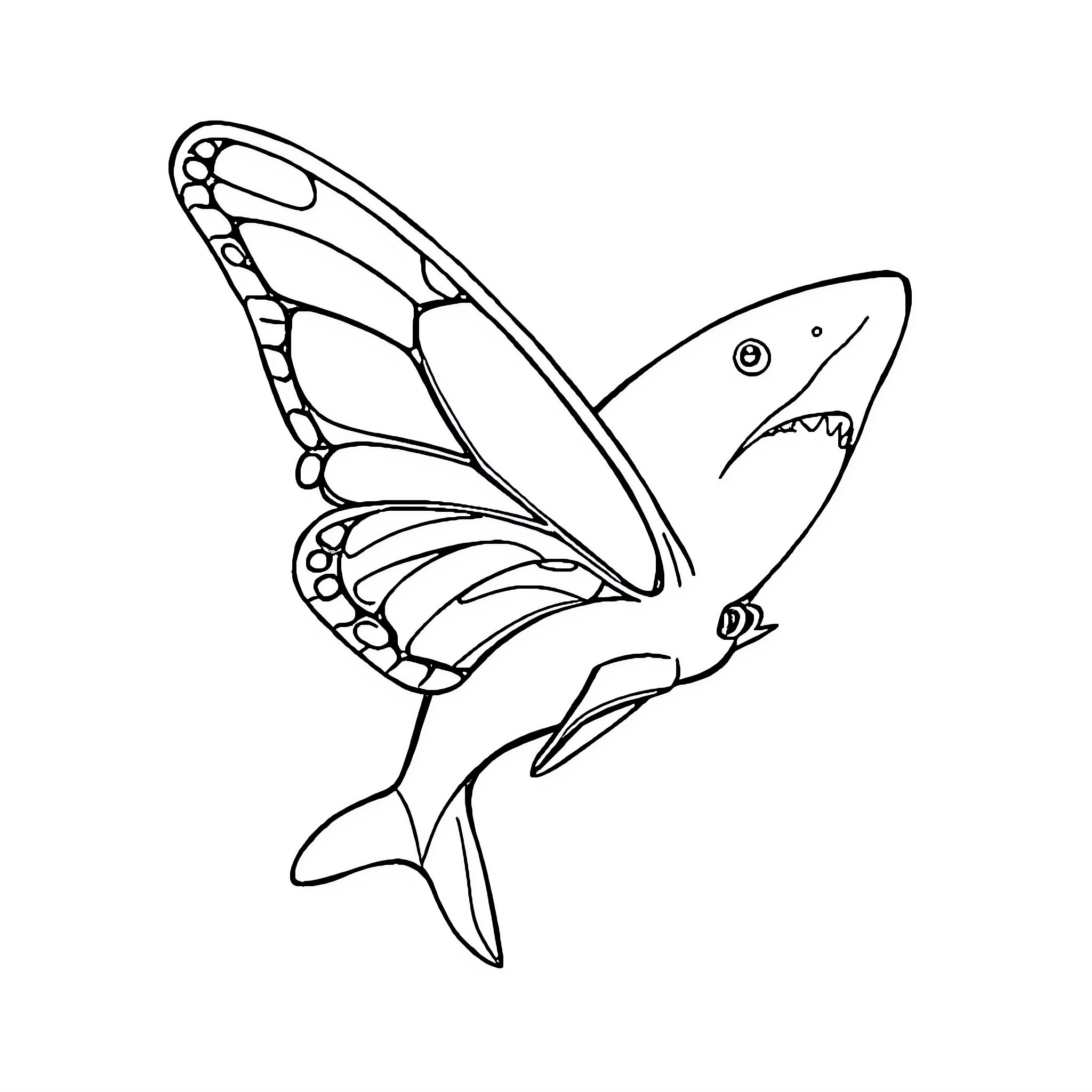 Shark with butterfly wings swimming Coloring Page (free black-and-white line drawing printable PDF for all, from beginners to advanced learners, including children, teens, adults, and seniors)