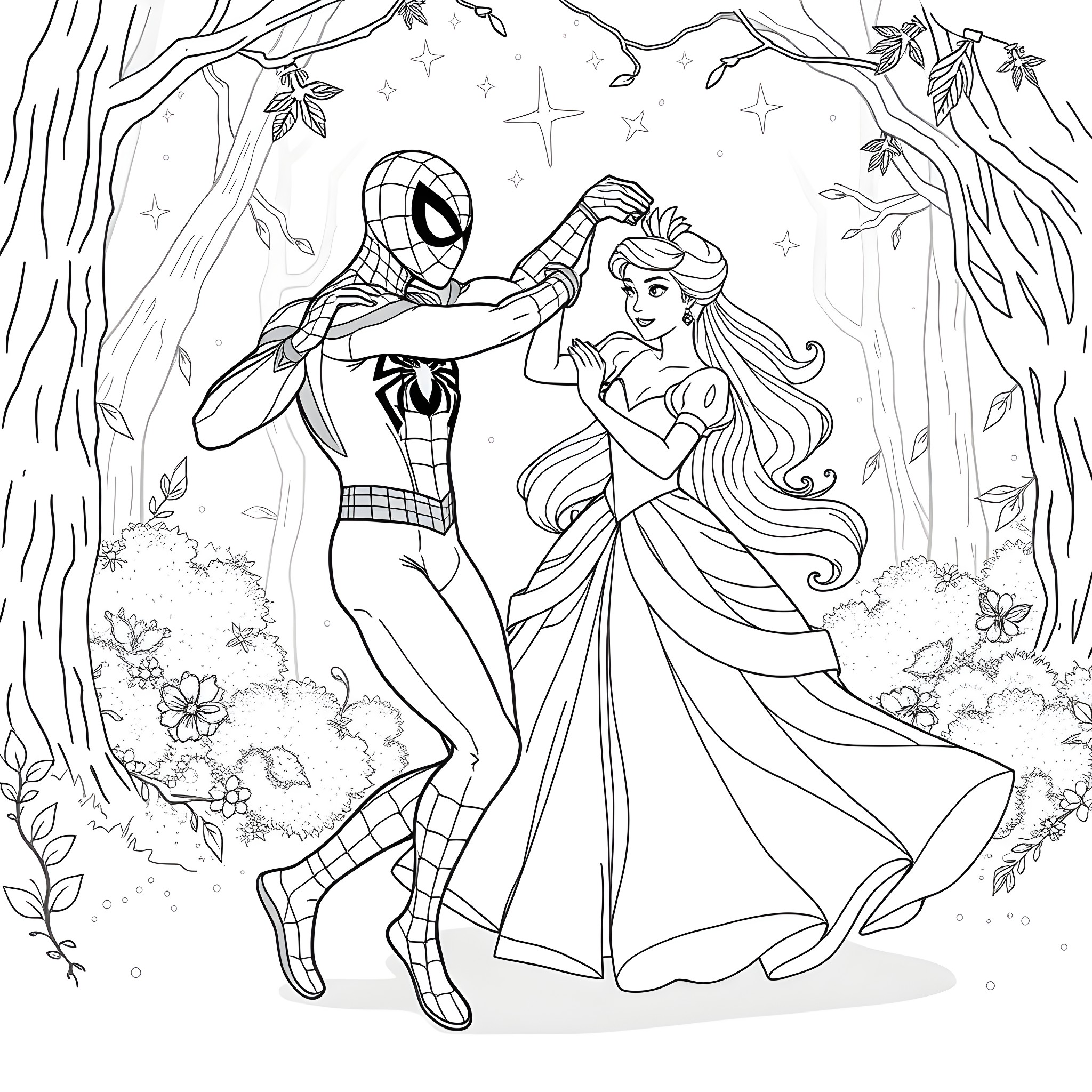 Spiderman dancing with a princess in the forest Coloring Page (free black-and-white line drawing printable PDF for all, from beginners to advanced learners, including children, teens, adults, and seniors)