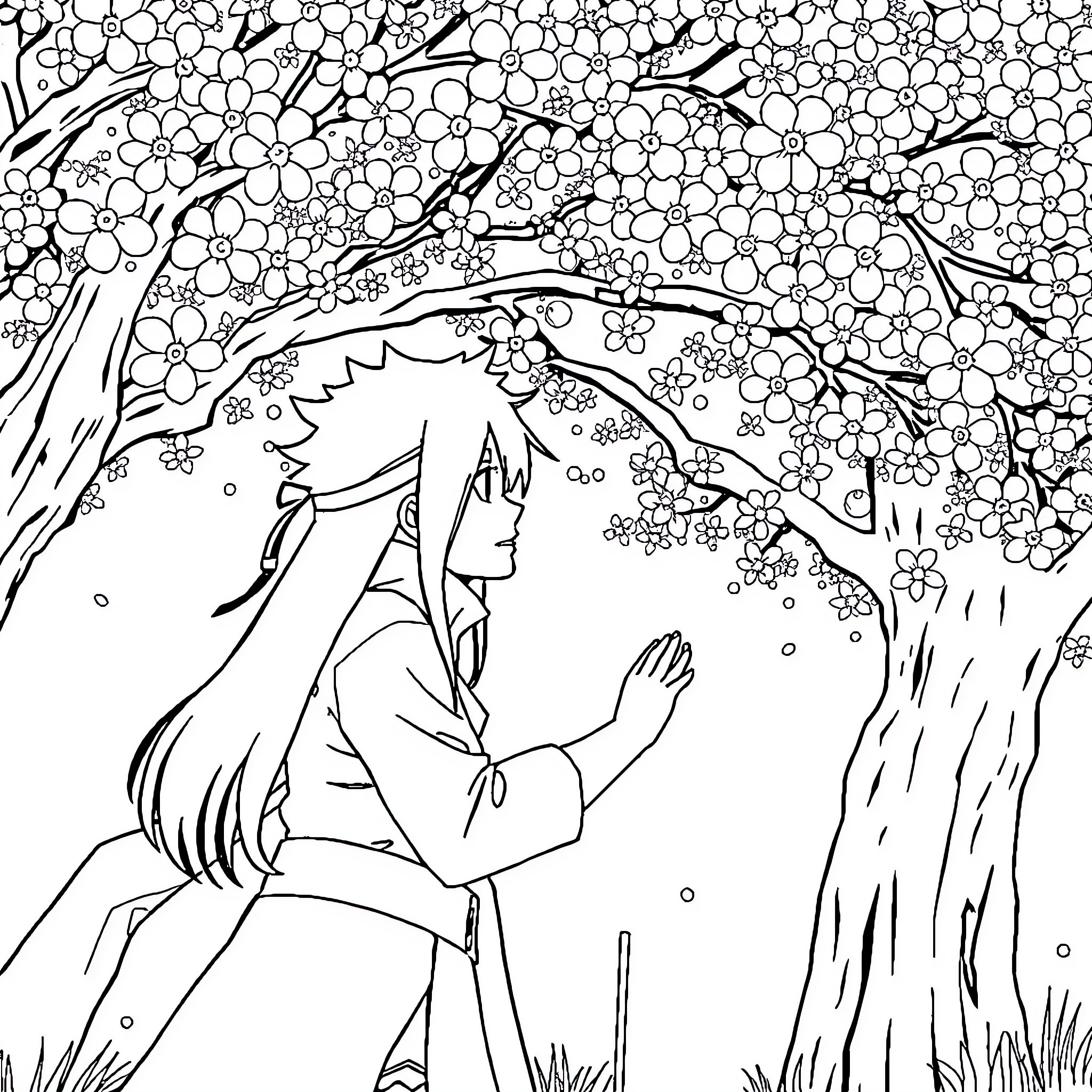 Hinata in a Serene Floral Garden Coloring Page (free black-and-white line drawing printable PDF for all, from beginners to advanced learners, including children, teens, adults, and seniors)