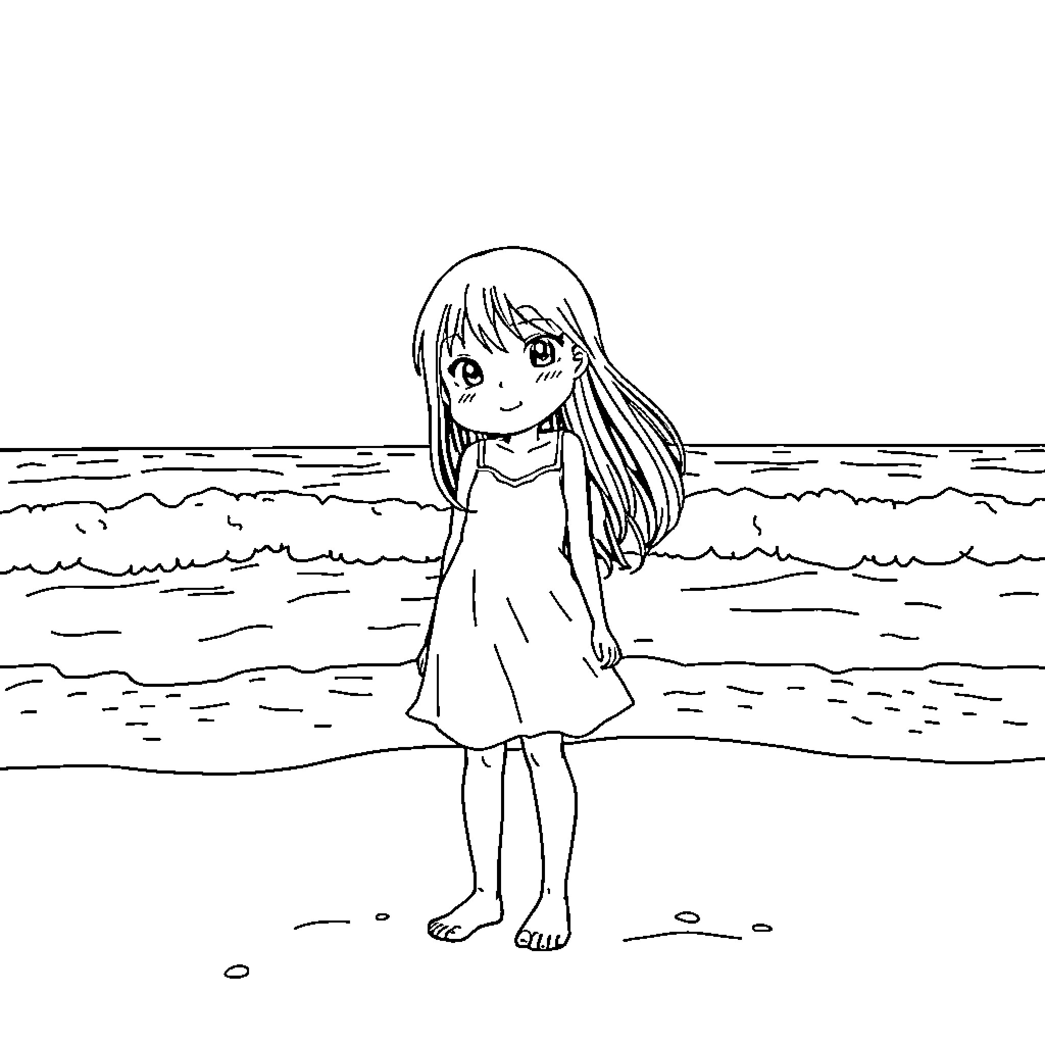 Momo Ayase standing alone on the beach Coloring Page (free black-and-white line drawing printable PDF for all, from beginners to advanced learners, including children, teens, adults, and seniors)