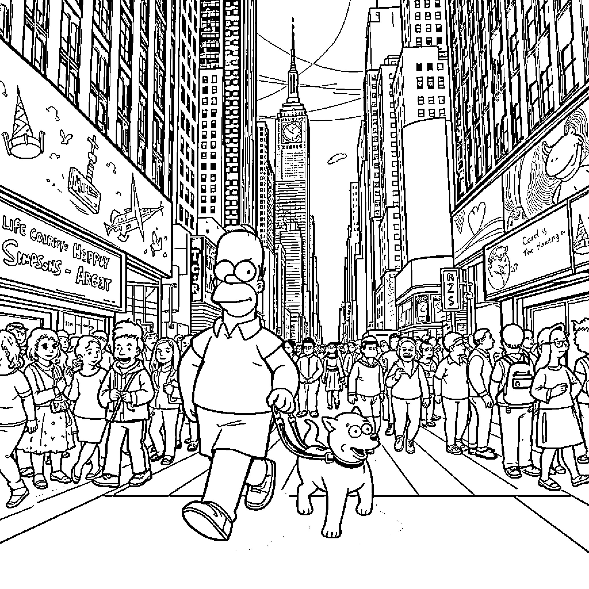Homer navigates bustling city streets with Bart Coloring Page (free black-and-white line drawing printable PDF for all, from beginners to advanced learners, including children, teens, adults, and seniors)