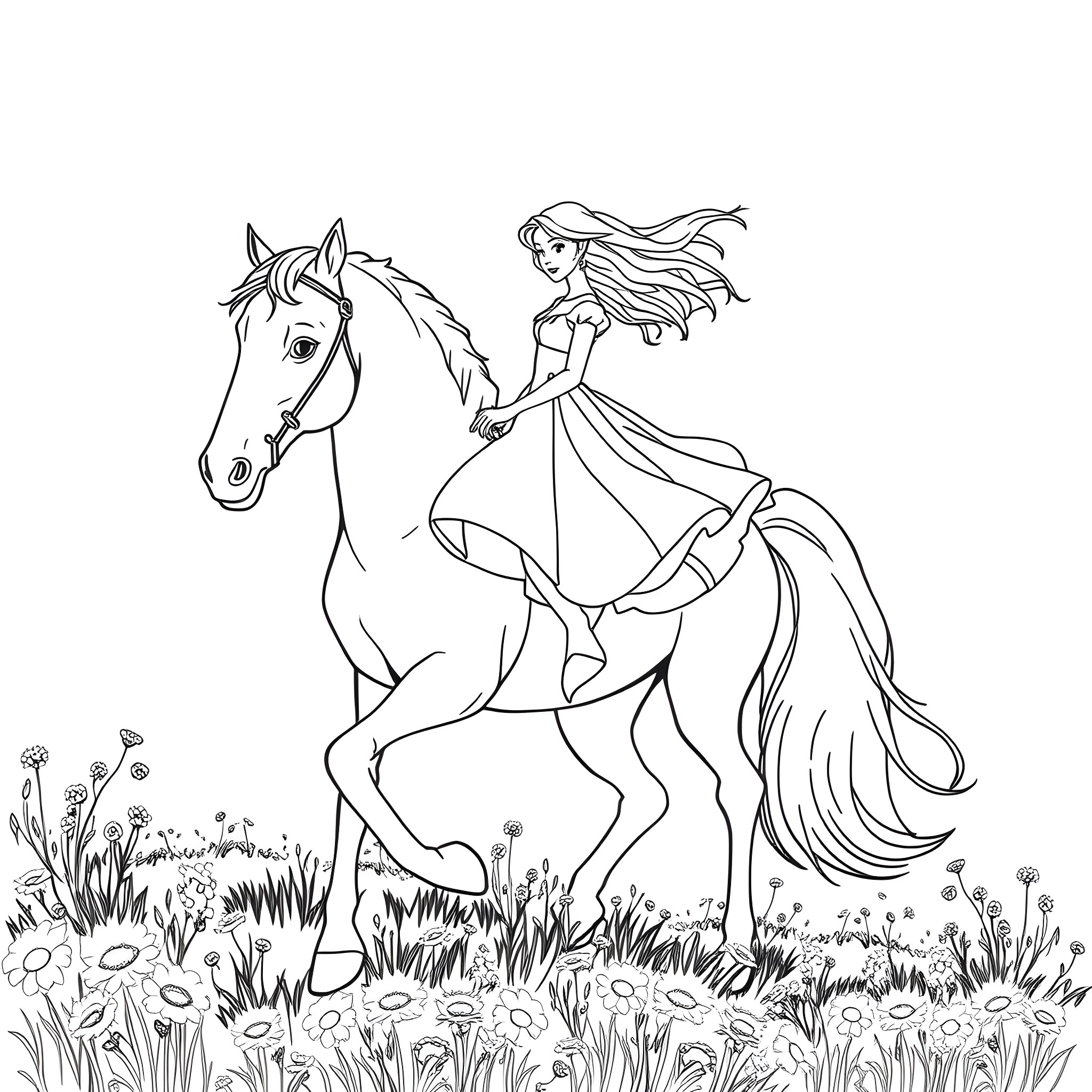 Princess riding a horse in the meadow Coloring Page (free black-and-white line drawing printable PDF for all, from beginners to advanced learners, including children, teens, adults, and seniors)