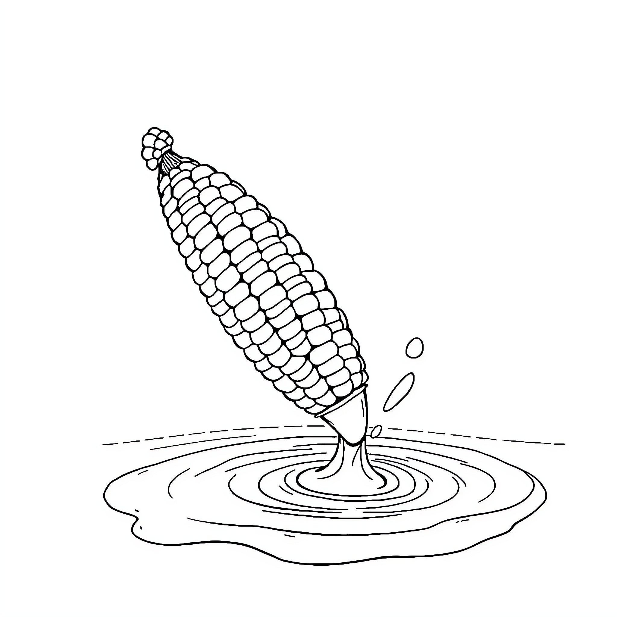 Corn kernel falling into water Coloring Page (free black-and-white line drawing printable PDF for all, from beginners to advanced learners, including children, teens, adults, and seniors)