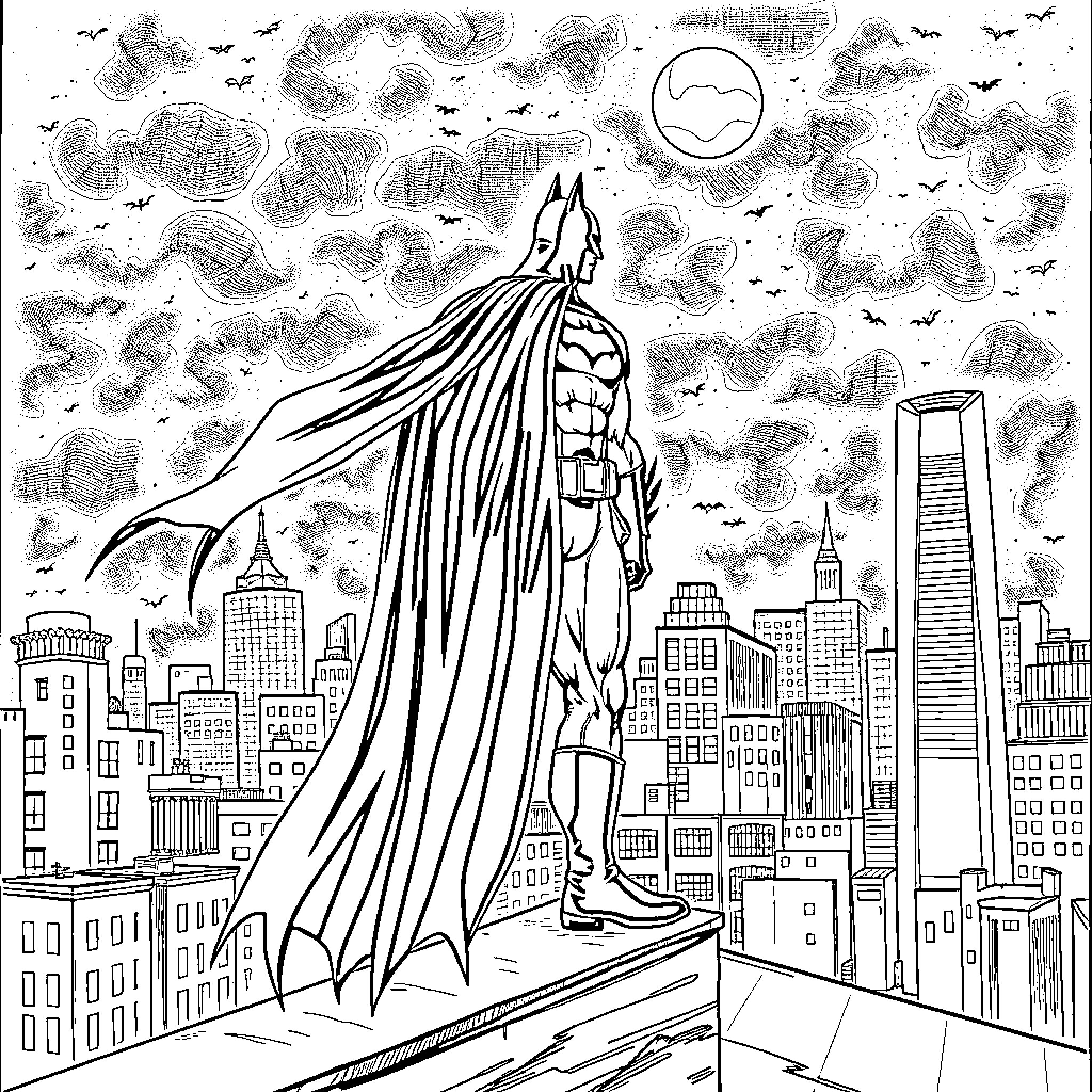 Batman overlooking the city at night Coloring Page (free black-and-white line drawing printable PDF for all, from beginners to advanced learners, including children, teens, adults, and seniors)