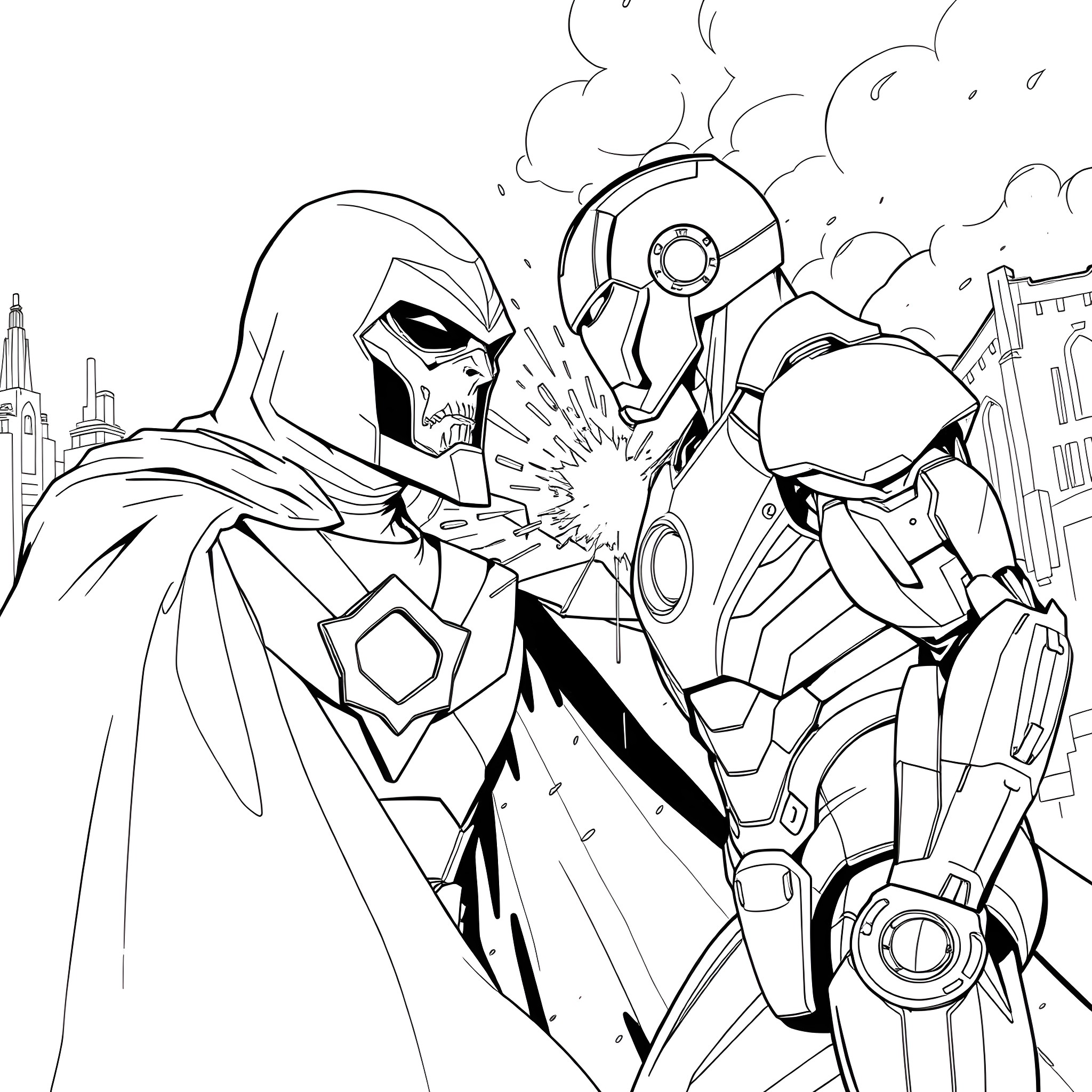 Doctor Doom and Robotic Armored Figures in Battle Coloring Page (free black-and-white line drawing printable PDF for all, from beginners to advanced learners, including children, teens, adults, and seniors)