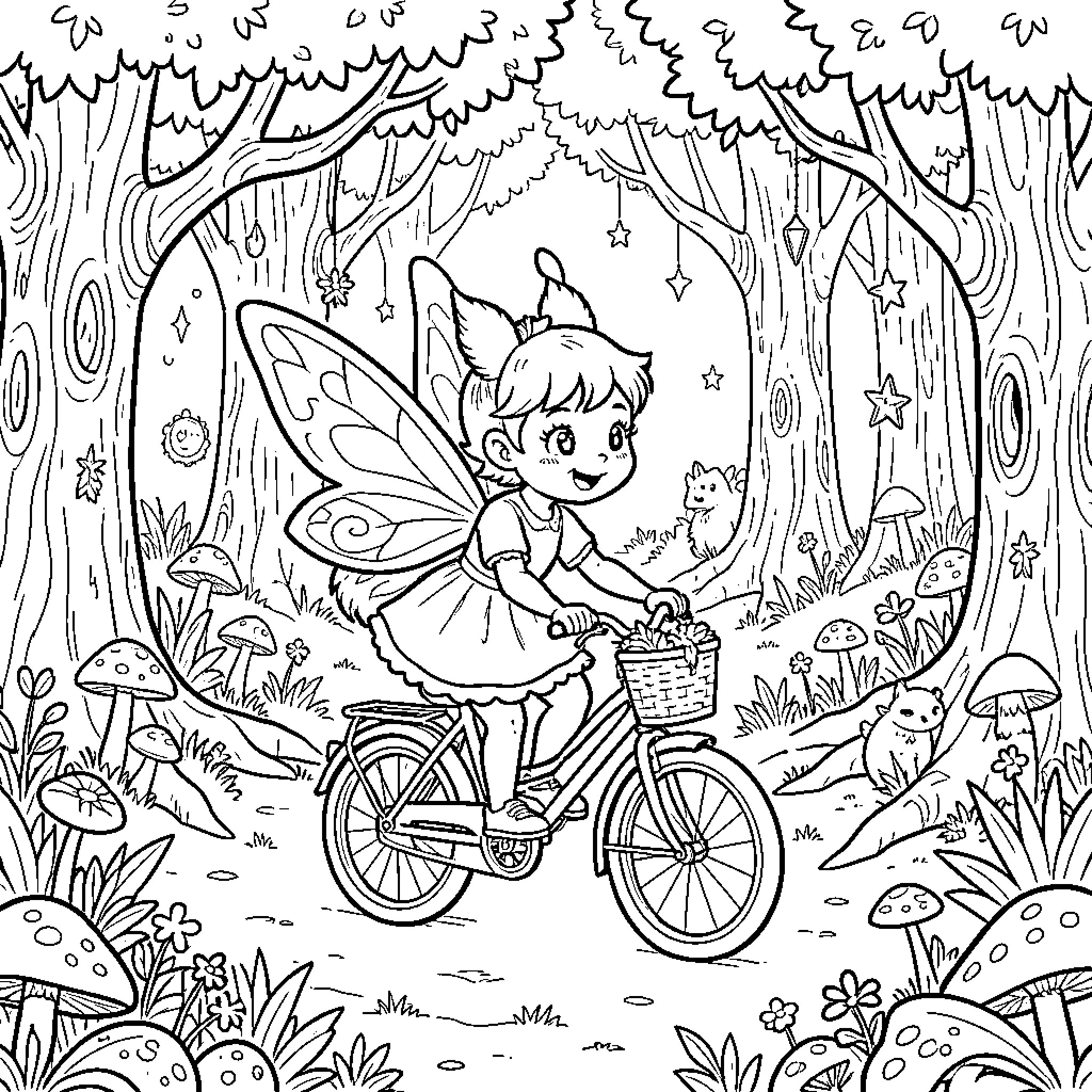Fée Clochette riding a bicycle through a magical forest Coloring Page (free black-and-white line drawing printable PDF for all, from beginners to advanced learners, including children, teens, adults, and seniors)