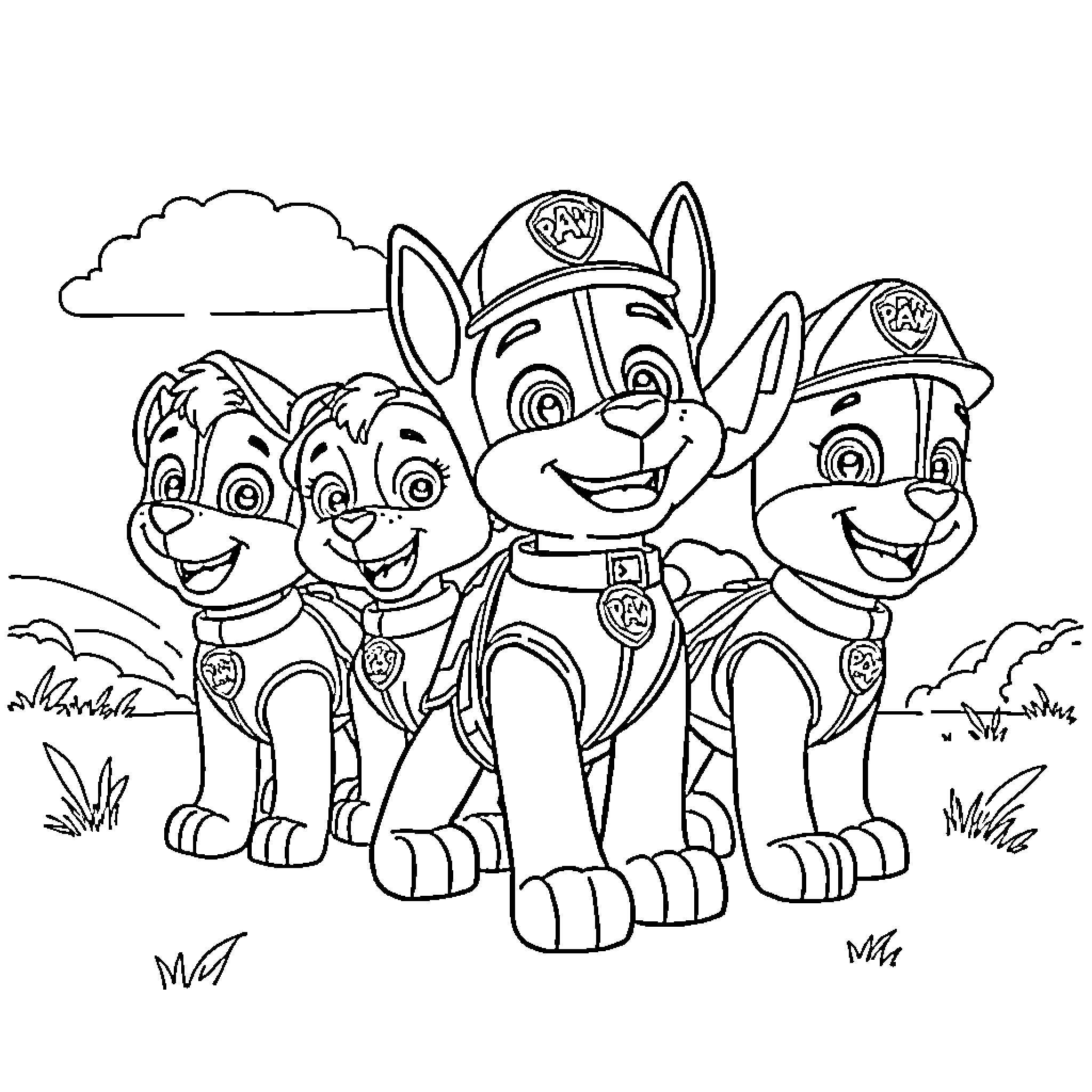 Paw Patrol Puppies Saving the Day Coloring Page (free black-and-white line drawing printable PDF for all, from beginners to advanced learners, including children, teens, adults, and seniors)