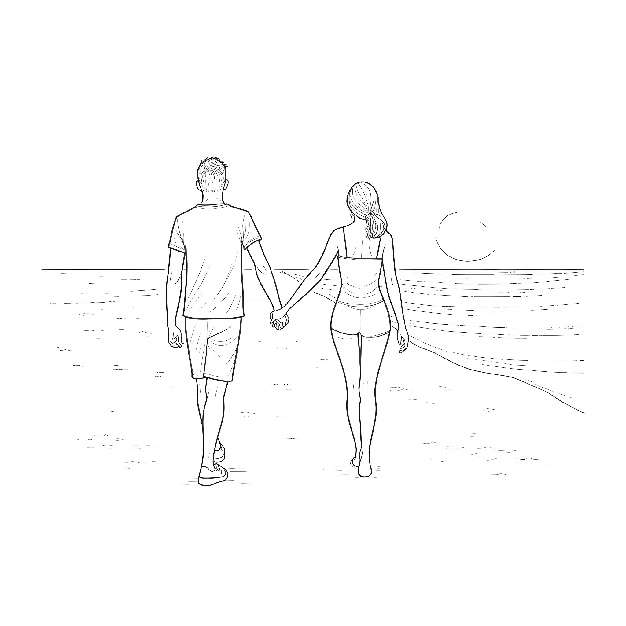 Couple strolling together on the beach Coloring Page (free black-and-white line drawing printable PDF for all, from beginners to advanced learners, including children, teens, adults, and seniors)