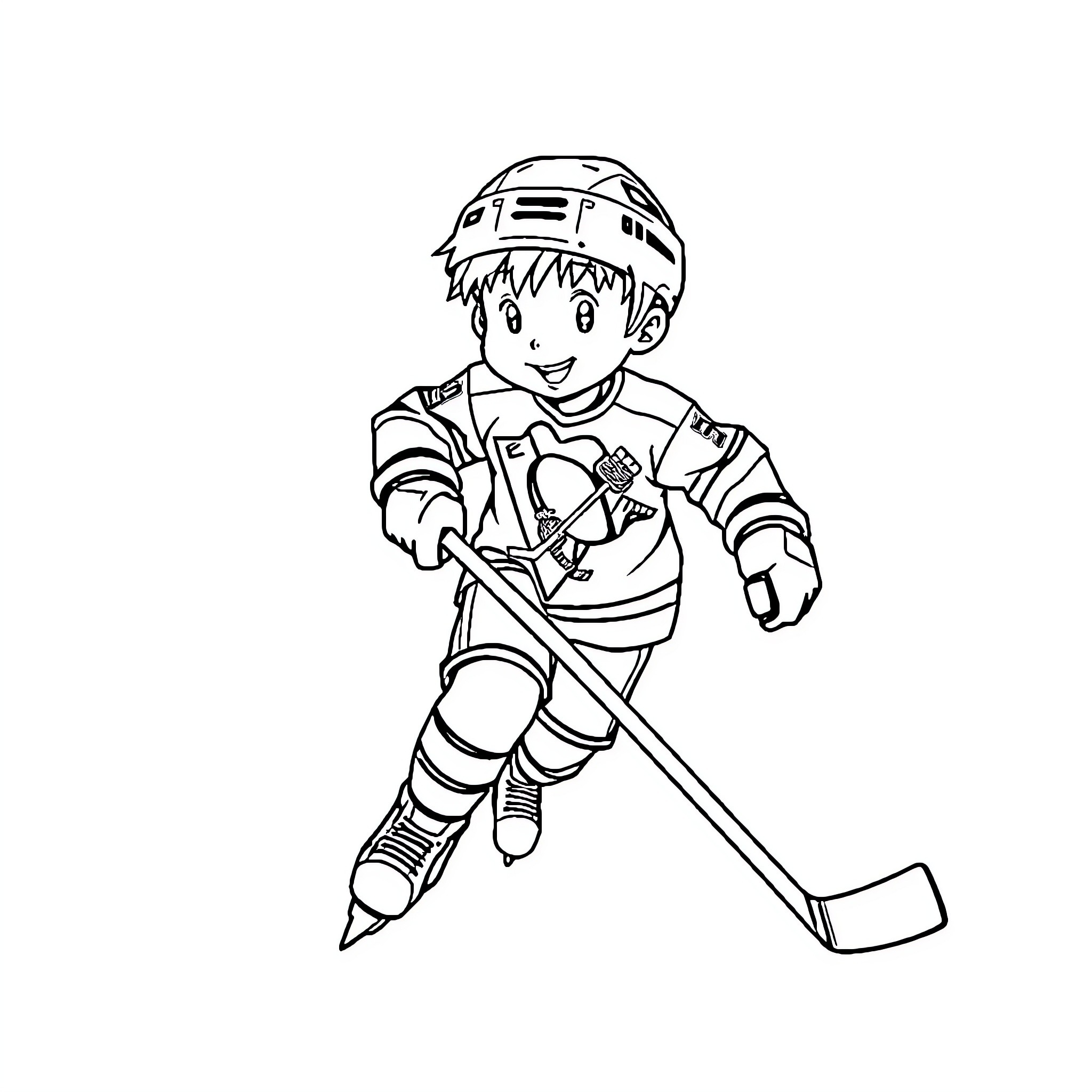 Boy playing ice hockey with hockey stick and equipment Coloring Page (free black-and-white line drawing printable PDF for all, from beginners to advanced learners, including children, teens, adults, and seniors)