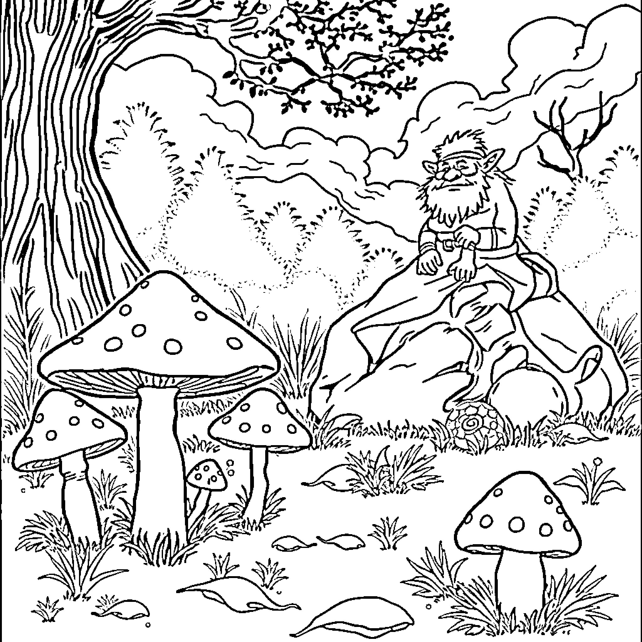 Mushroom Gnome exploring the enchanted forest Coloring Page (free black-and-white line drawing printable PDF for all, from beginners to advanced learners, including children, teens, adults, and seniors)