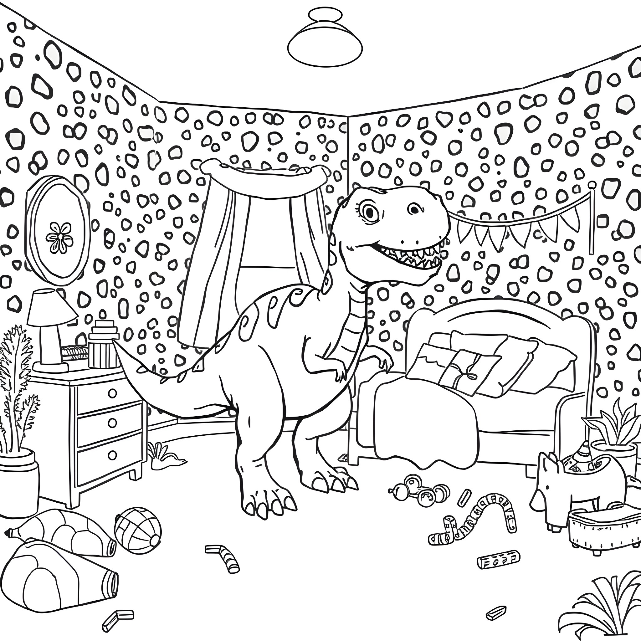 Dino relaxing in his bedroom Coloring Page (free black-and-white line drawing printable PDF for all, from beginners to advanced learners, including children, teens, adults, and seniors)