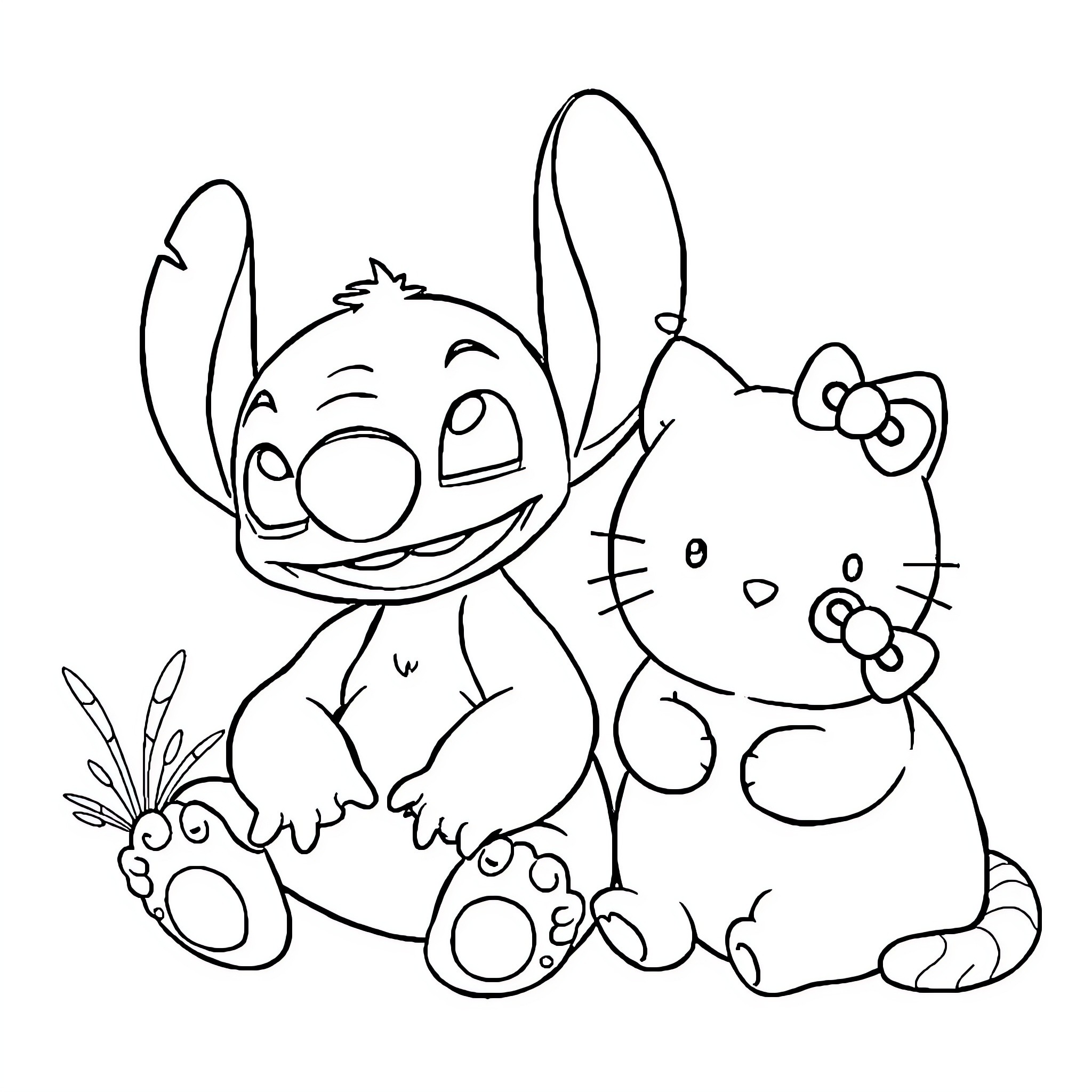 Stitch and Hello Kitty playing together happily Coloring Page (free black-and-white line drawing printable PDF for all, from beginners to advanced learners, including children, teens, adults, and seniors)
