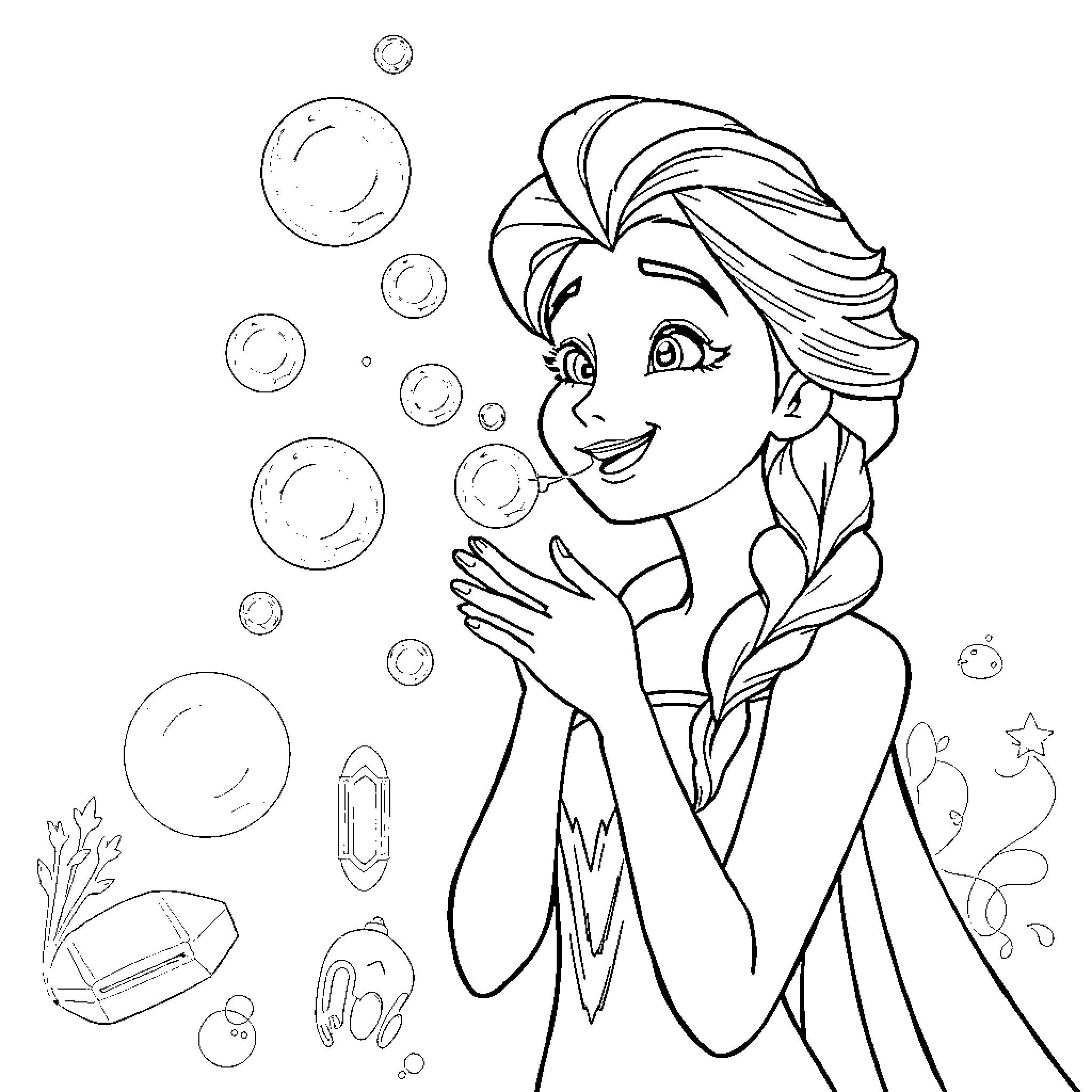 Elsa enjoying the magical bubbles around her Coloring Page (free black-and-white line drawing printable PDF for all, from beginners to advanced learners, including children, teens, adults, and seniors)